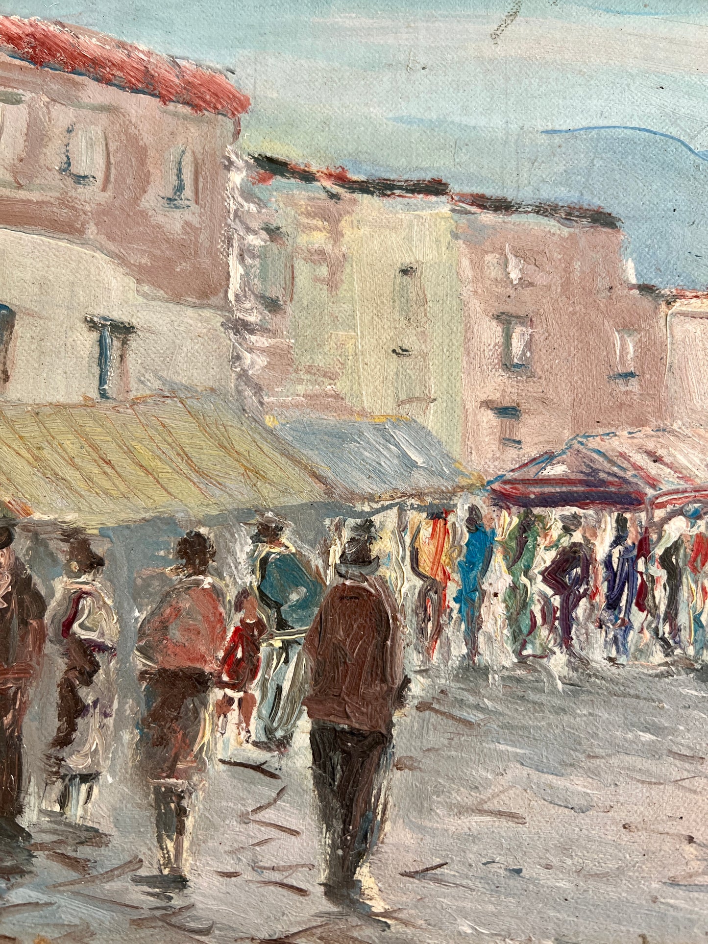 Vintage Impressionist Colorful European Street Market Scene Oil Painting in Gold Frame