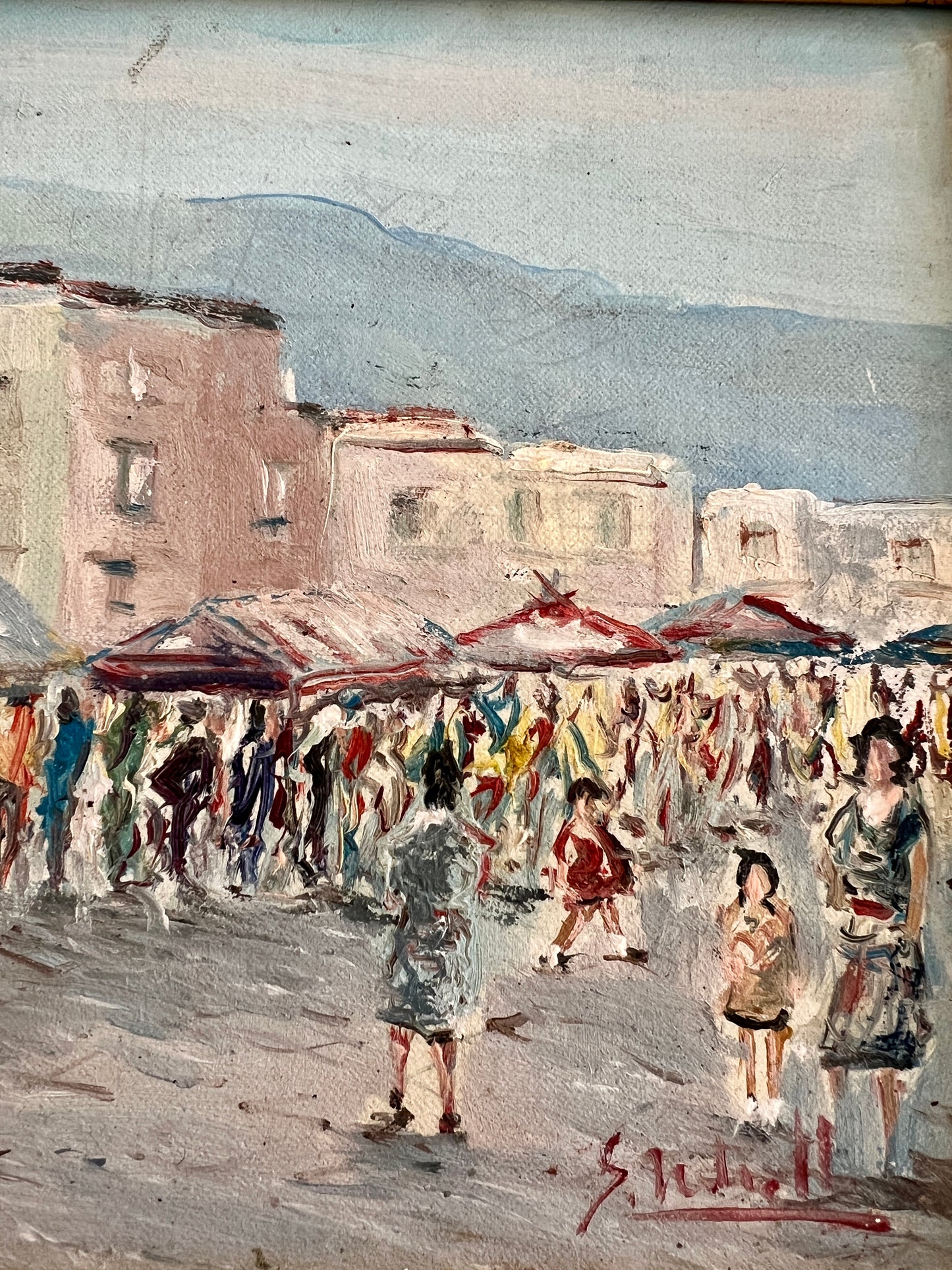 Vintage Impressionist Colorful European Street Market Scene Oil Painting in Gold Frame