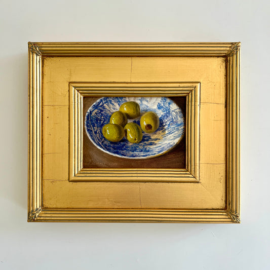 Contemporary Still Life of Green Olives in Blue Willow Bowl in Gold Frame