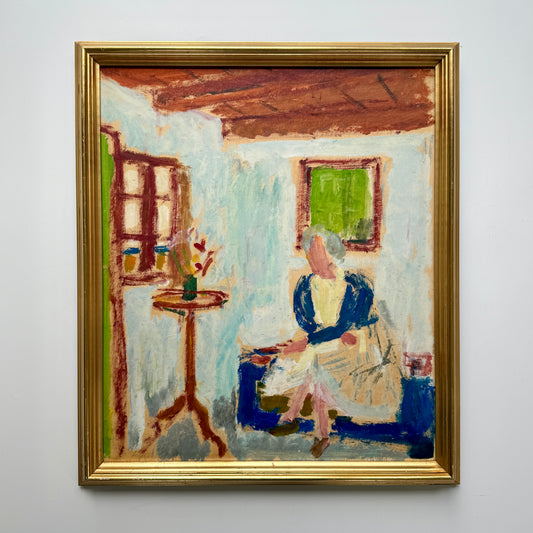 Knud Agger Modernist Portrait of a Woman in Colorful Interior Oil Painting in Gold Frame
