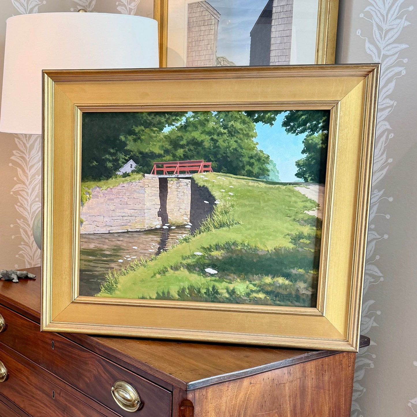 Anthony R. Thompson Stone Bridge White House Bucks County PA Landscape Oil Painting in Gold Frame