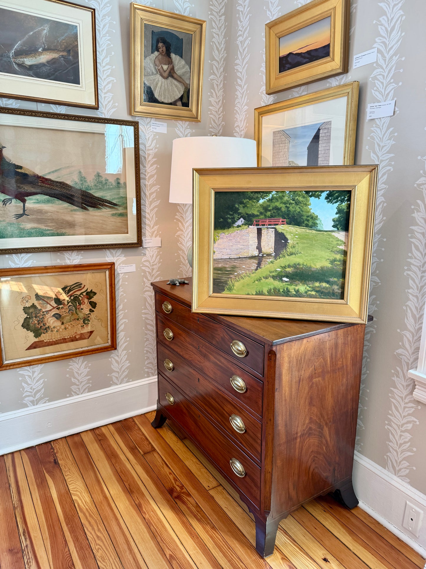 Anthony R. Thompson Stone Bridge White House Bucks County PA Landscape Oil Painting in Gold Frame