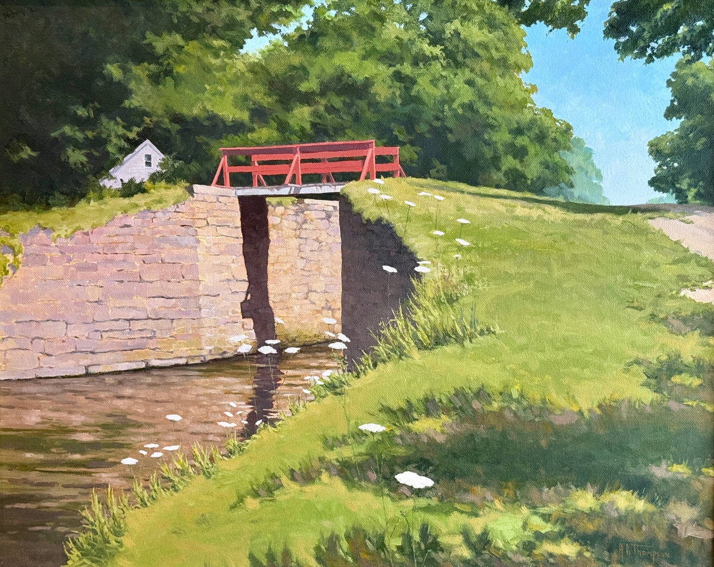Anthony R. Thompson Stone Bridge White House Bucks County PA Landscape Oil Painting in Gold Frame