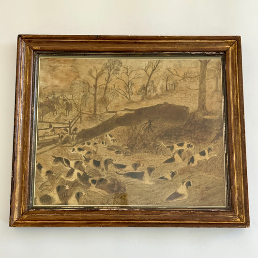 19th Century Fox and Hounds Hunt Scene Painting in Original Frame