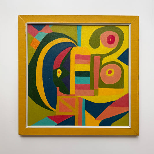 Colorful Mid Century Abstract Oil Painting in Yellow Painted Linen Frame