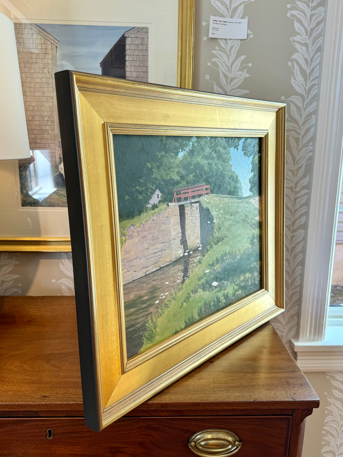 Anthony R. Thompson Stone Bridge White House Bucks County PA Landscape Oil Painting in Gold Frame