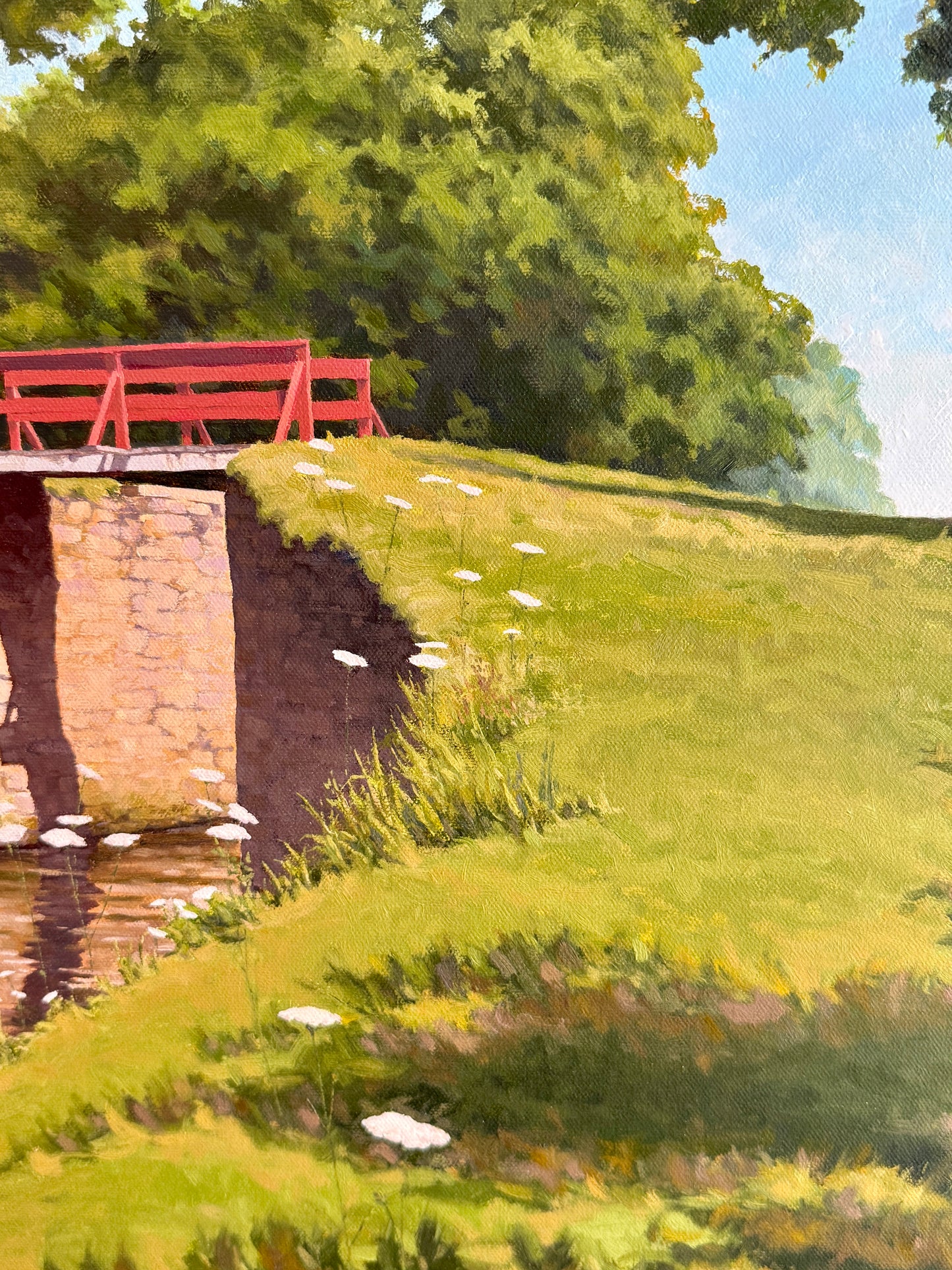 Anthony R. Thompson Stone Bridge White House Bucks County PA Landscape Oil Painting in Gold Frame