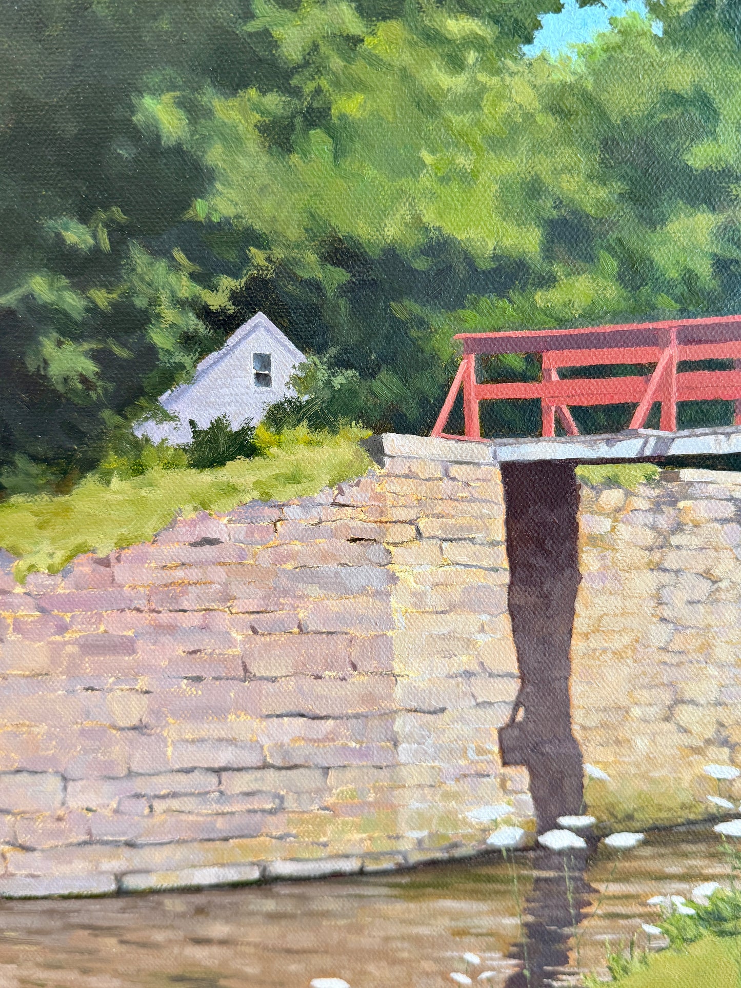 Anthony R. Thompson Stone Bridge White House Bucks County PA Landscape Oil Painting in Gold Frame