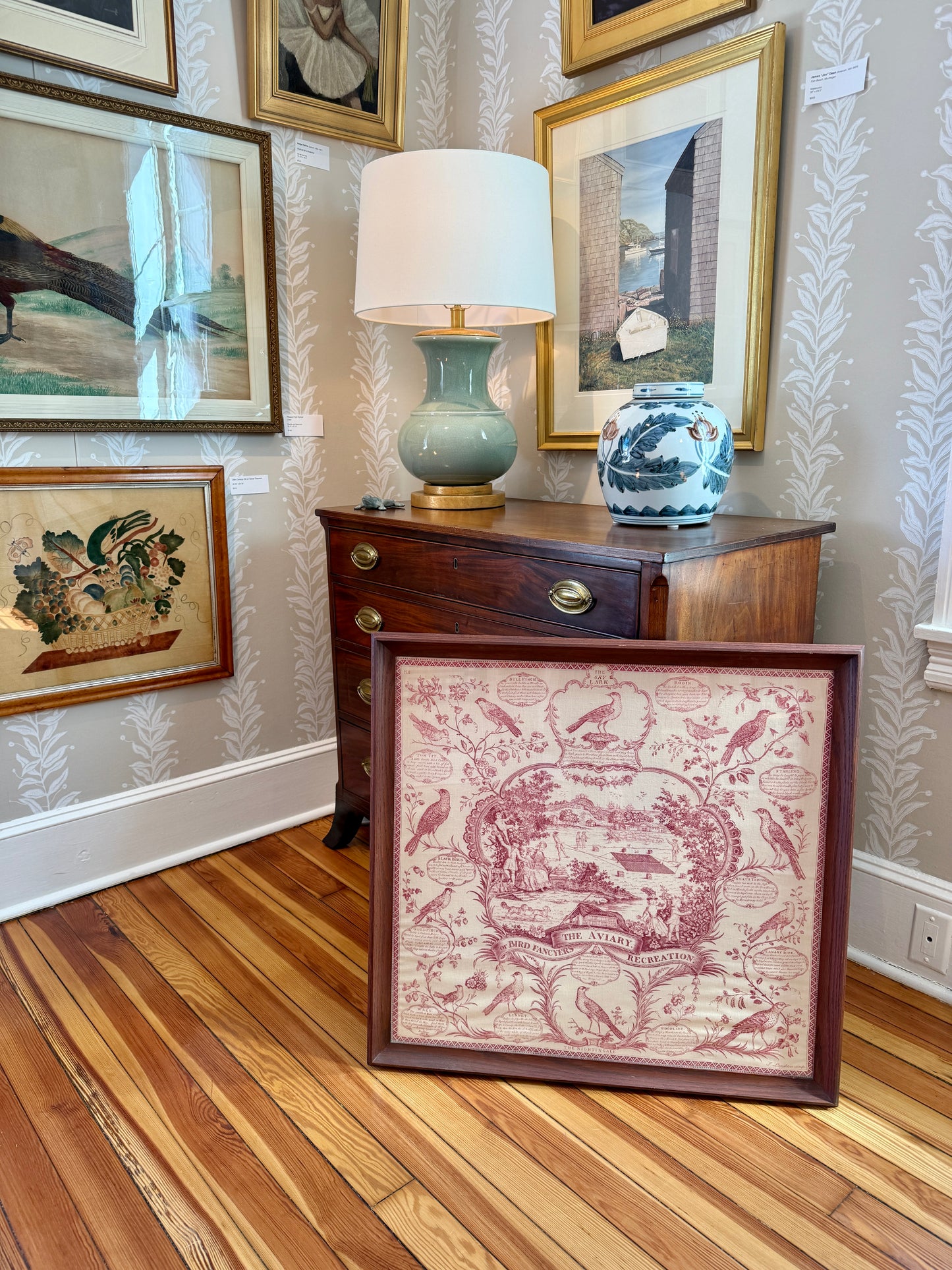 19th Century The Aviary Bird Fancier's Recreation Engraving on Linen in Wood Frame