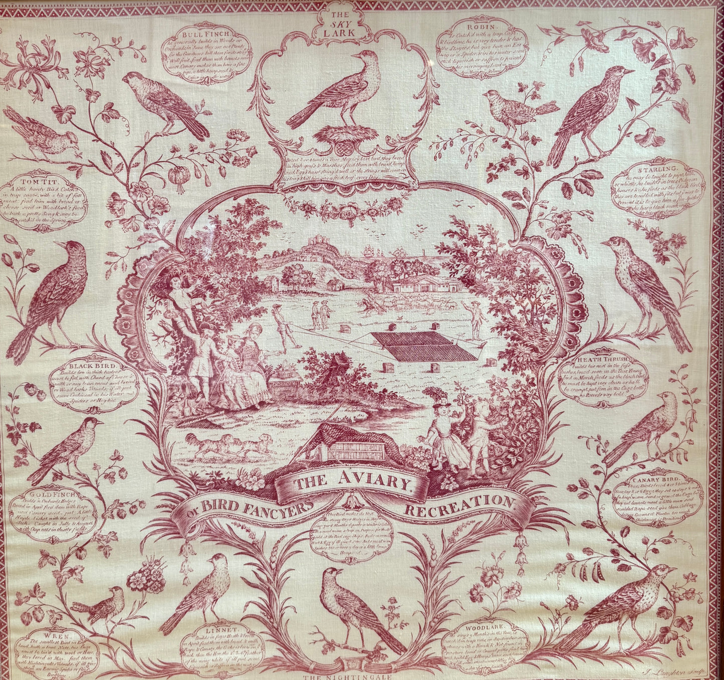 19th Century The Aviary Bird Fancier's Recreation Engraving on Linen in Wood Frame