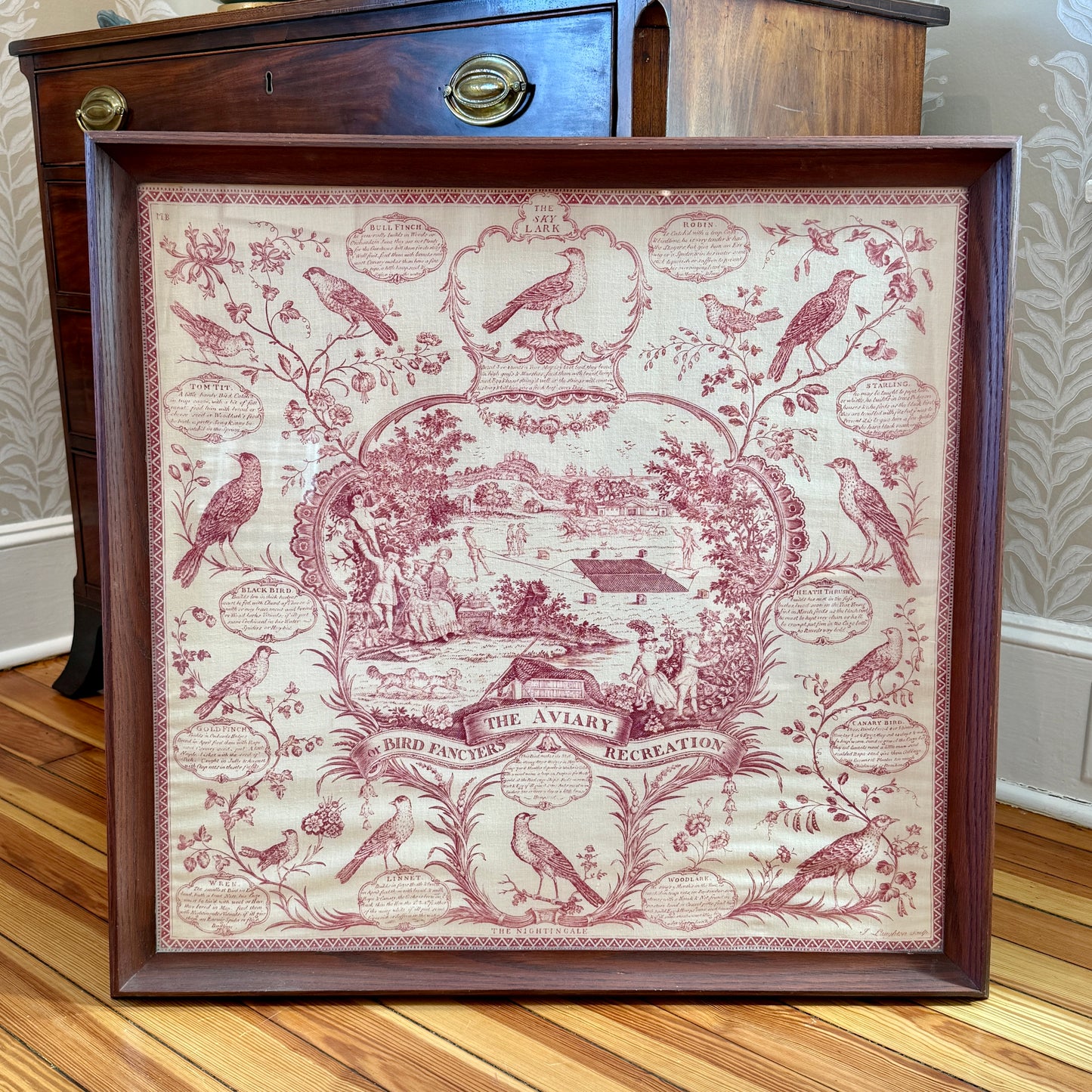 19th Century The Aviary Bird Fancier's Recreation Engraving on Linen in Wood Frame