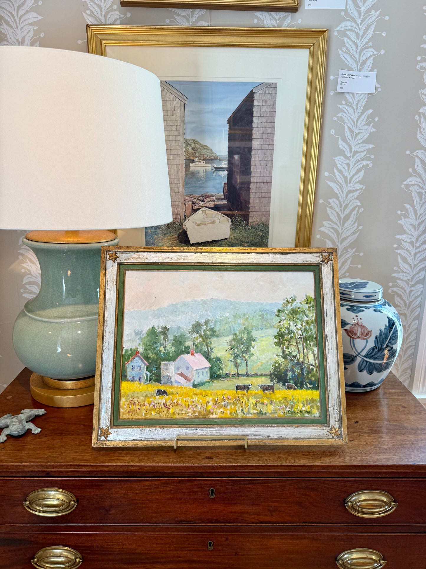 William Herbert Whiting Pink Houses Cows Impressionist Farm Landscape Oil Painting in Silver Green Star Frame