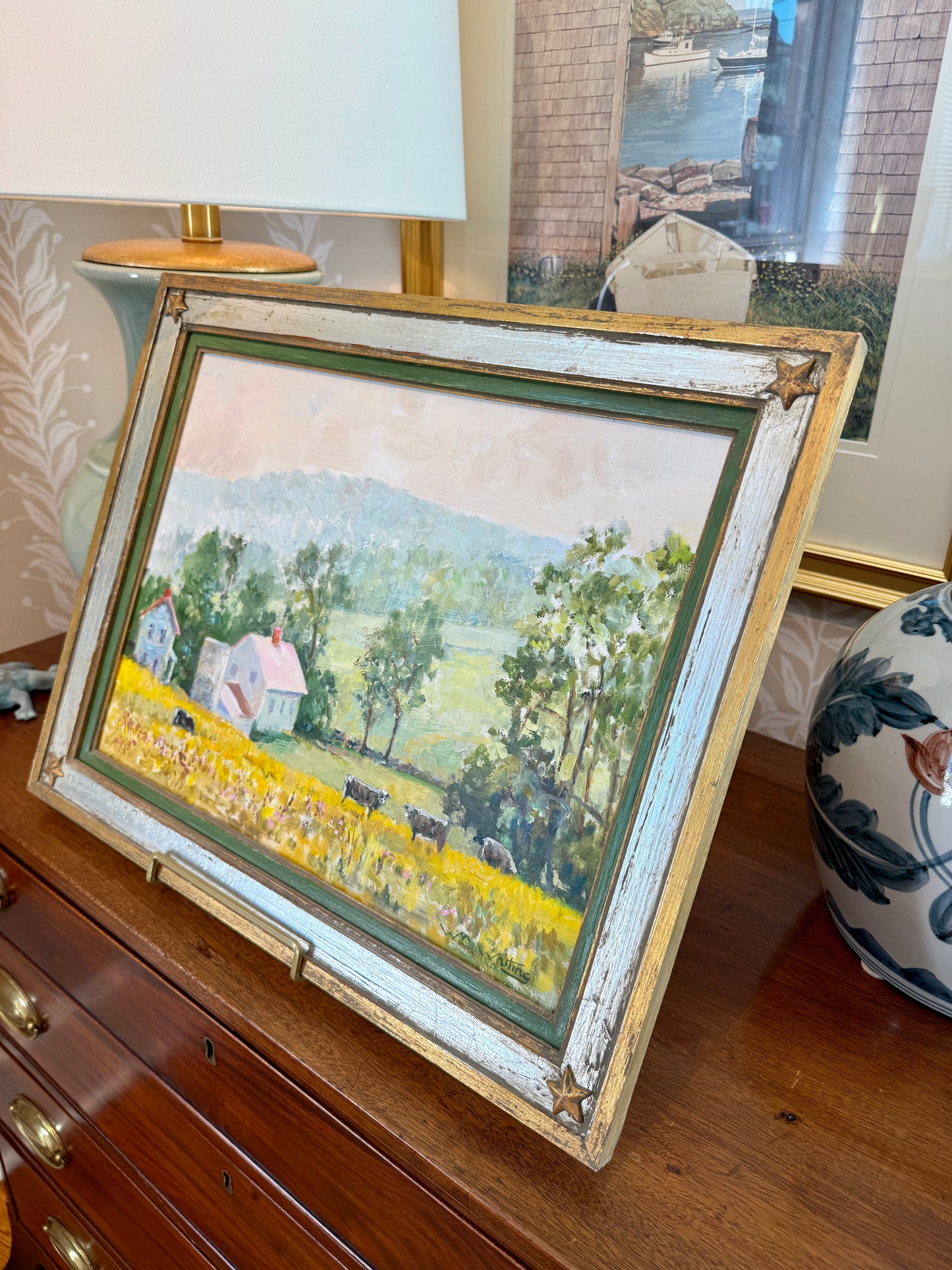 William Herbert Whiting Pink Houses Cows Impressionist Farm Landscape Oil Painting in Silver Green Star Frame