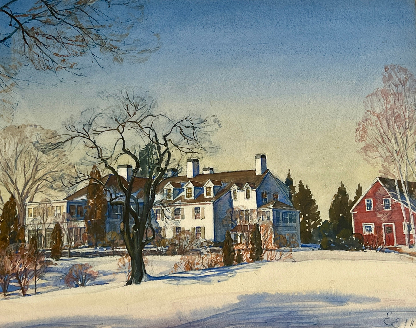 1938 Ernest Edwin Anthony (1894-1941) Watercolor Portrait of Country Home in Gold Frame