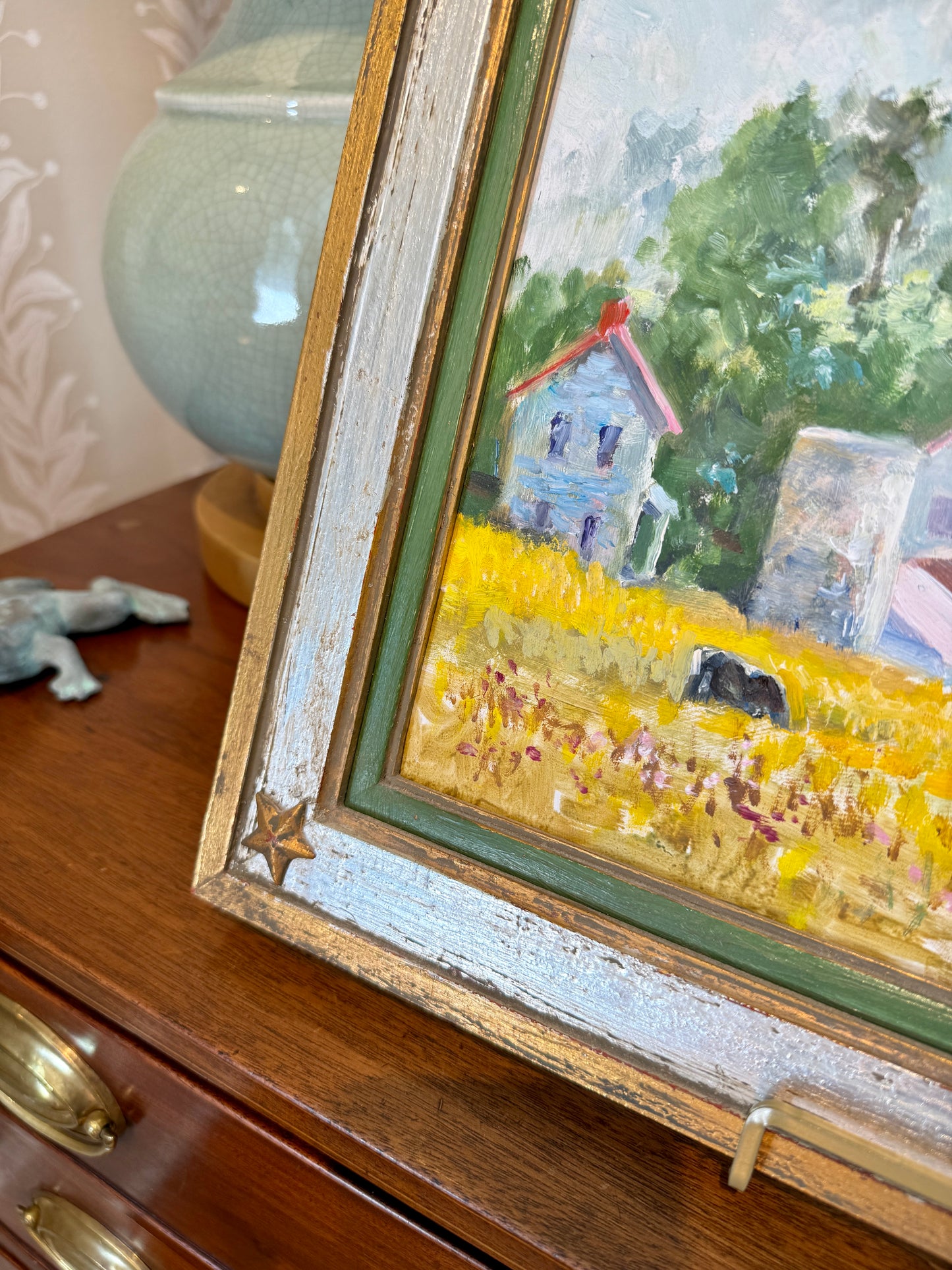 William Herbert Whiting Pink Houses Cows Impressionist Farm Landscape Oil Painting in Silver Green Star Frame