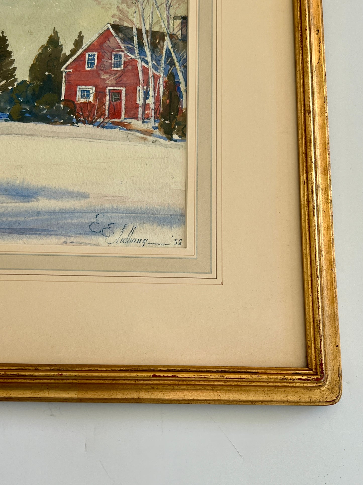 1938 Ernest Edwin Anthony (1894-1941) Watercolor Portrait of Country Home in Gold Frame