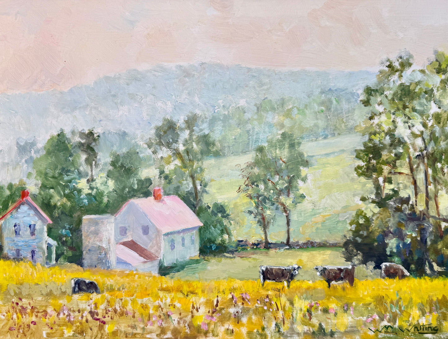 William Herbert Whiting Pink Houses Cows Impressionist Farm Landscape Oil Painting in Silver Green Star Frame
