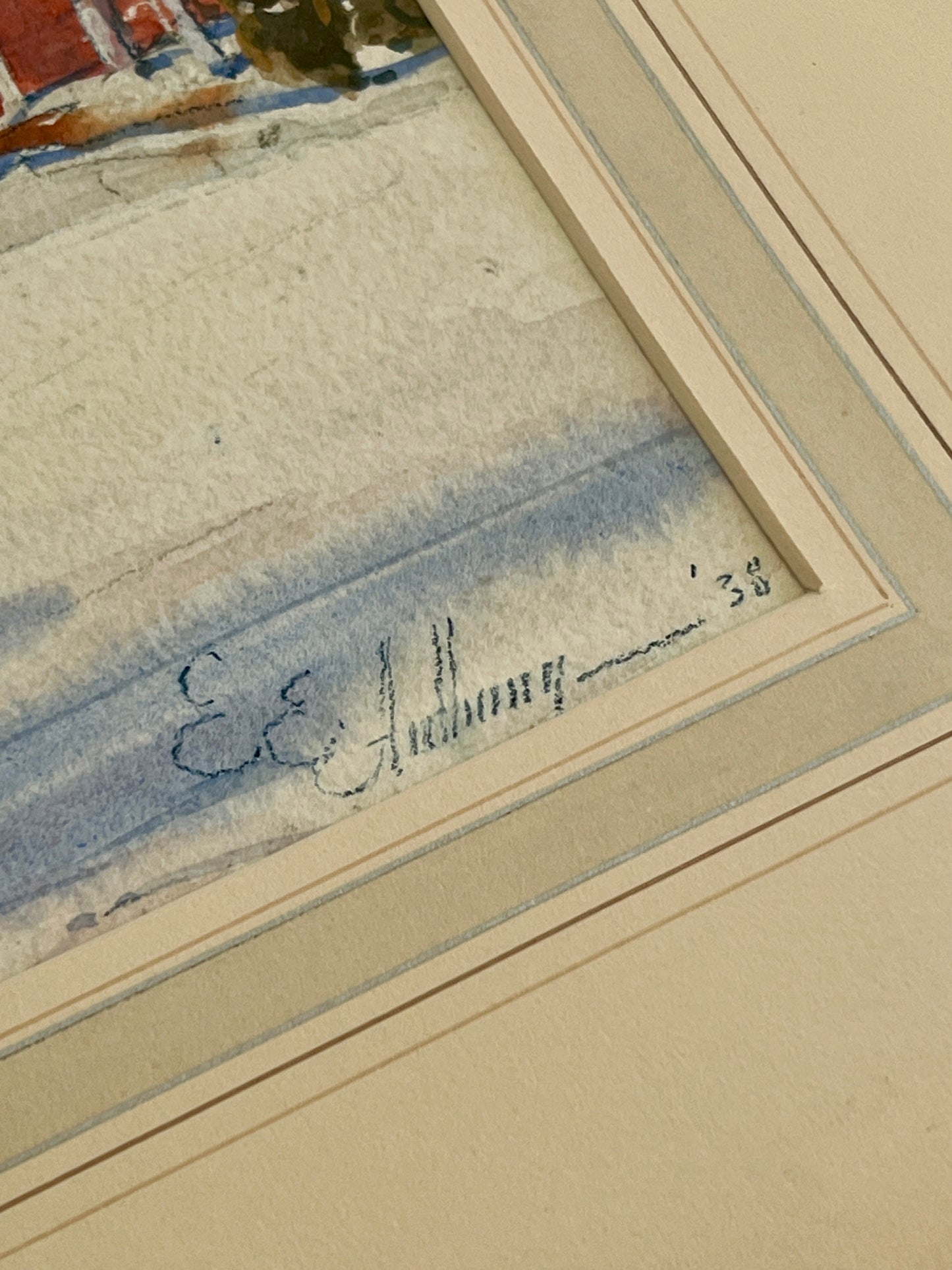 1938 Ernest Edwin Anthony (1894-1941) Watercolor Portrait of Country Home in Gold Frame