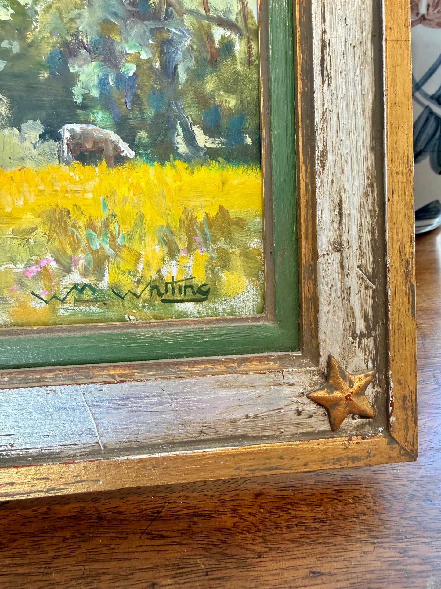 William Herbert Whiting Pink Houses Cows Impressionist Farm Landscape Oil Painting in Silver Green Star Frame