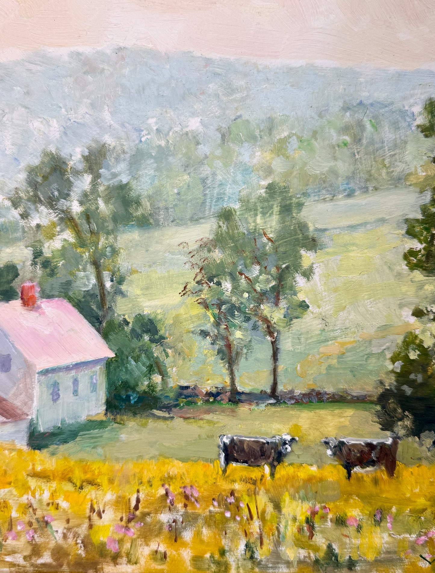 William Herbert Whiting Pink Houses Cows Impressionist Farm Landscape Oil Painting in Silver Green Star Frame