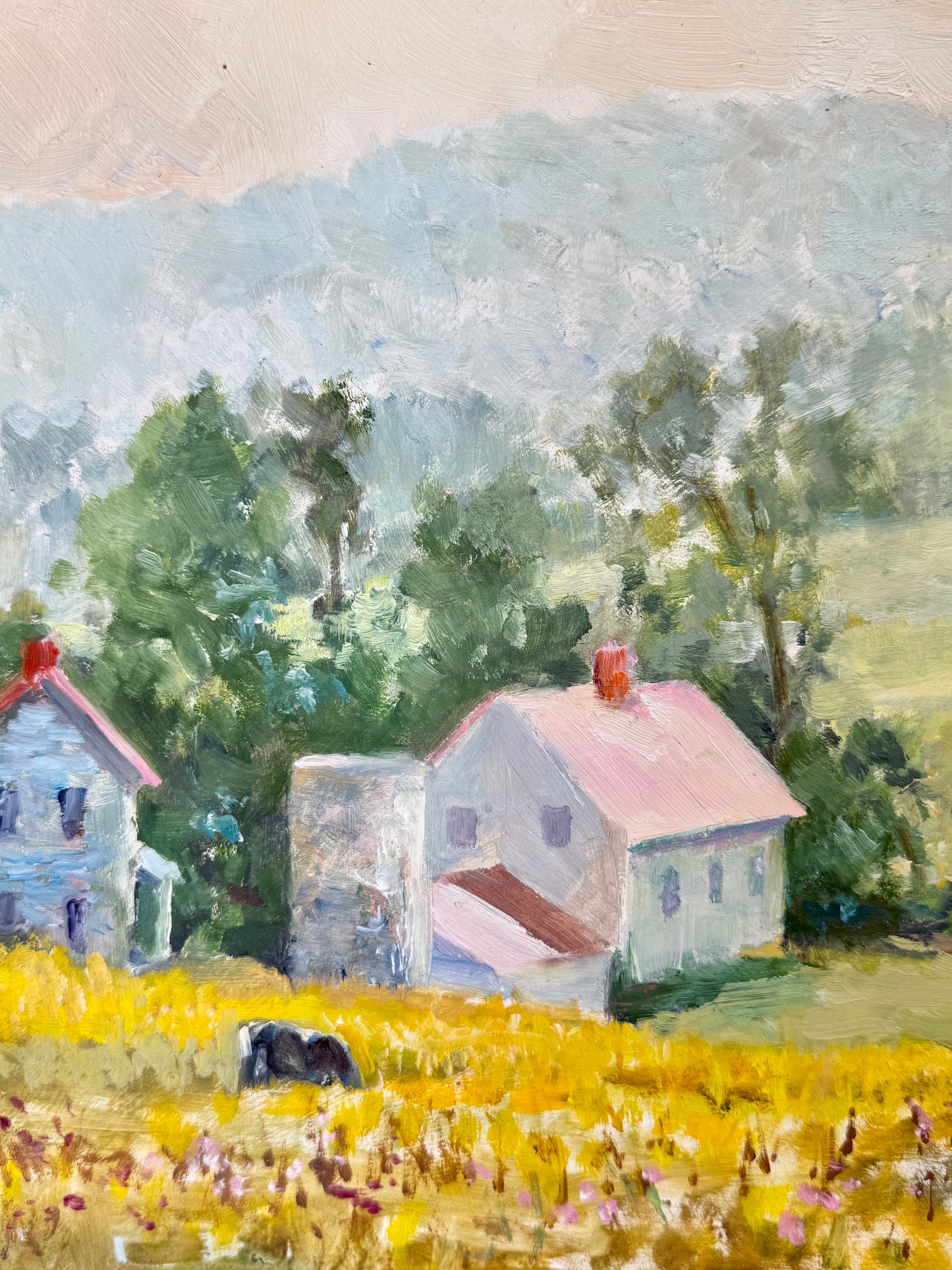 William Herbert Whiting Pink Houses Cows Impressionist Farm Landscape Oil Painting in Silver Green Star Frame