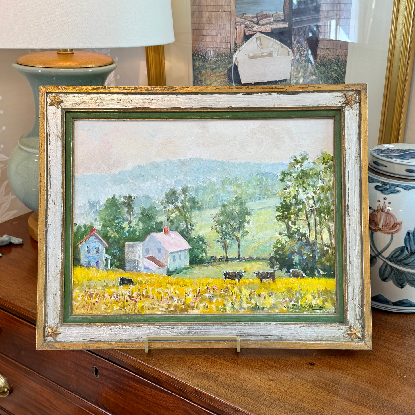 William Herbert Whiting Pink Houses Cows Impressionist Farm Landscape Oil Painting in Silver Green Star Frame