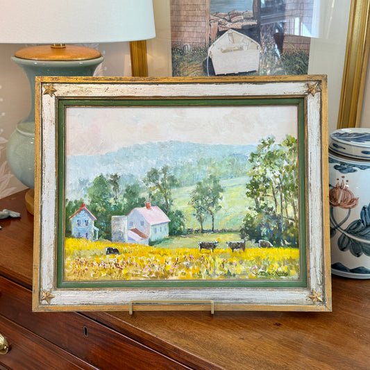 William Herbert Whiting Pink Houses Cows Impressionist Farm Landscape Oil Painting in Silver Green Star Frame
