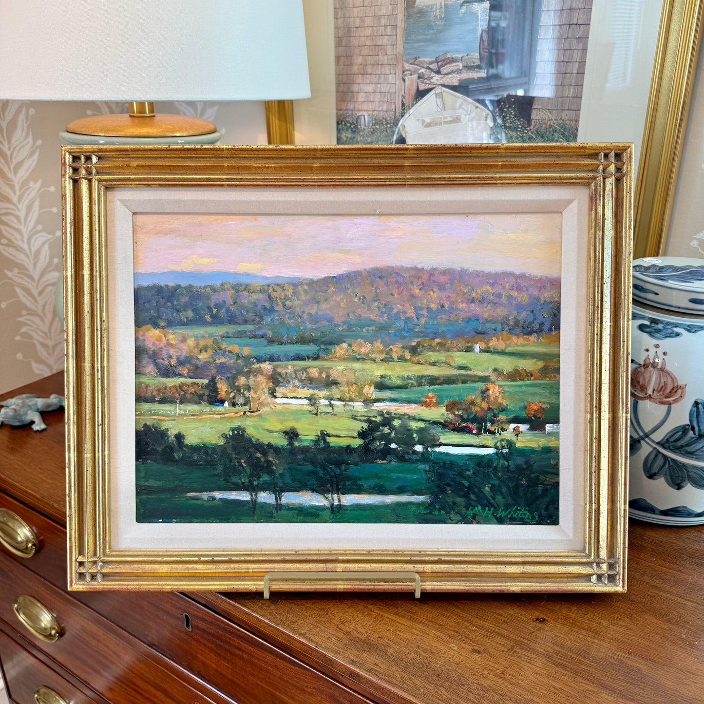 William Herbert Whiting Rolling Green Impressionist Landscape Oil Painting in Gold Frame