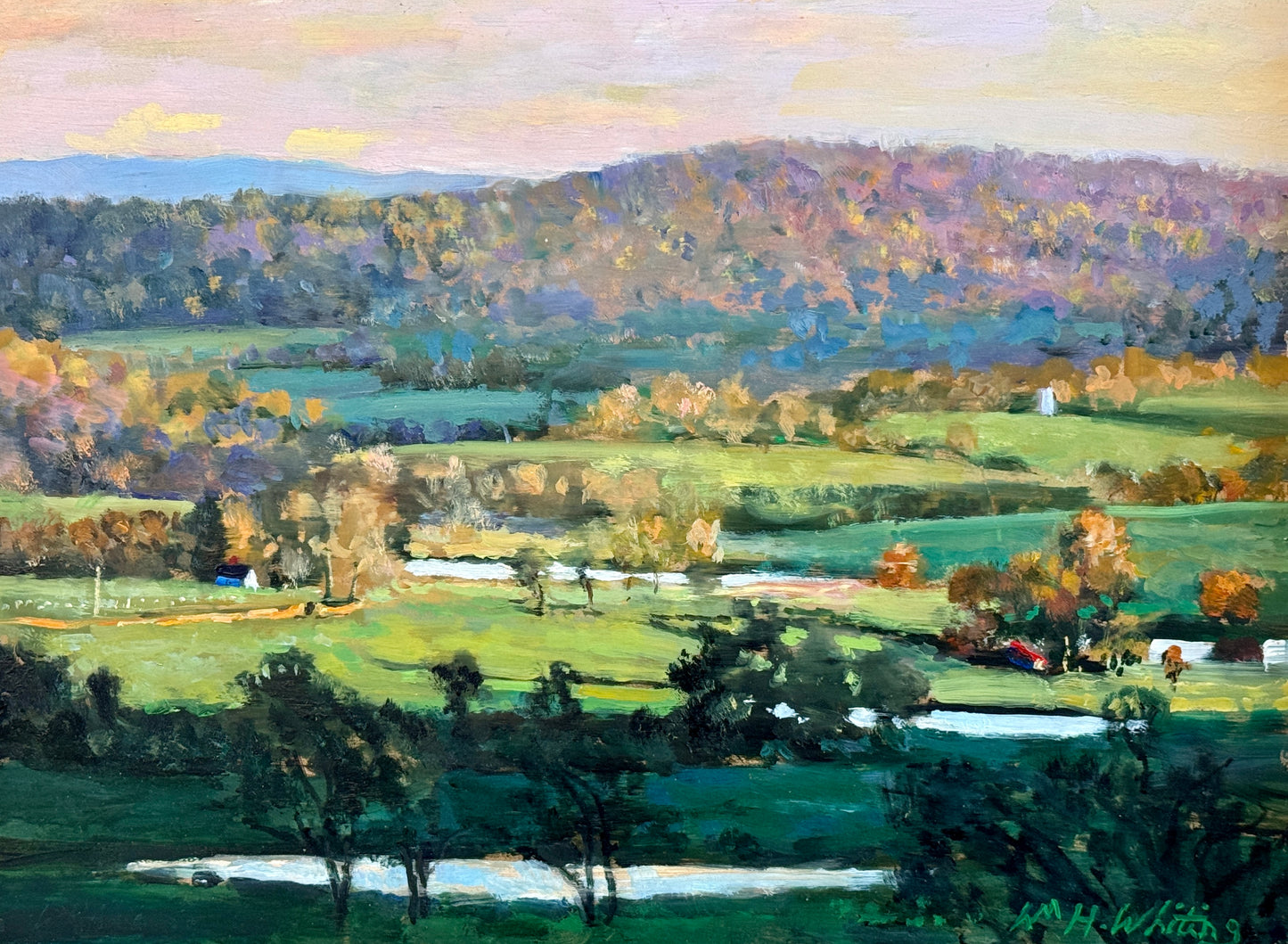 William Herbert Whiting Rolling Green Impressionist Landscape Oil Painting in Gold Frame