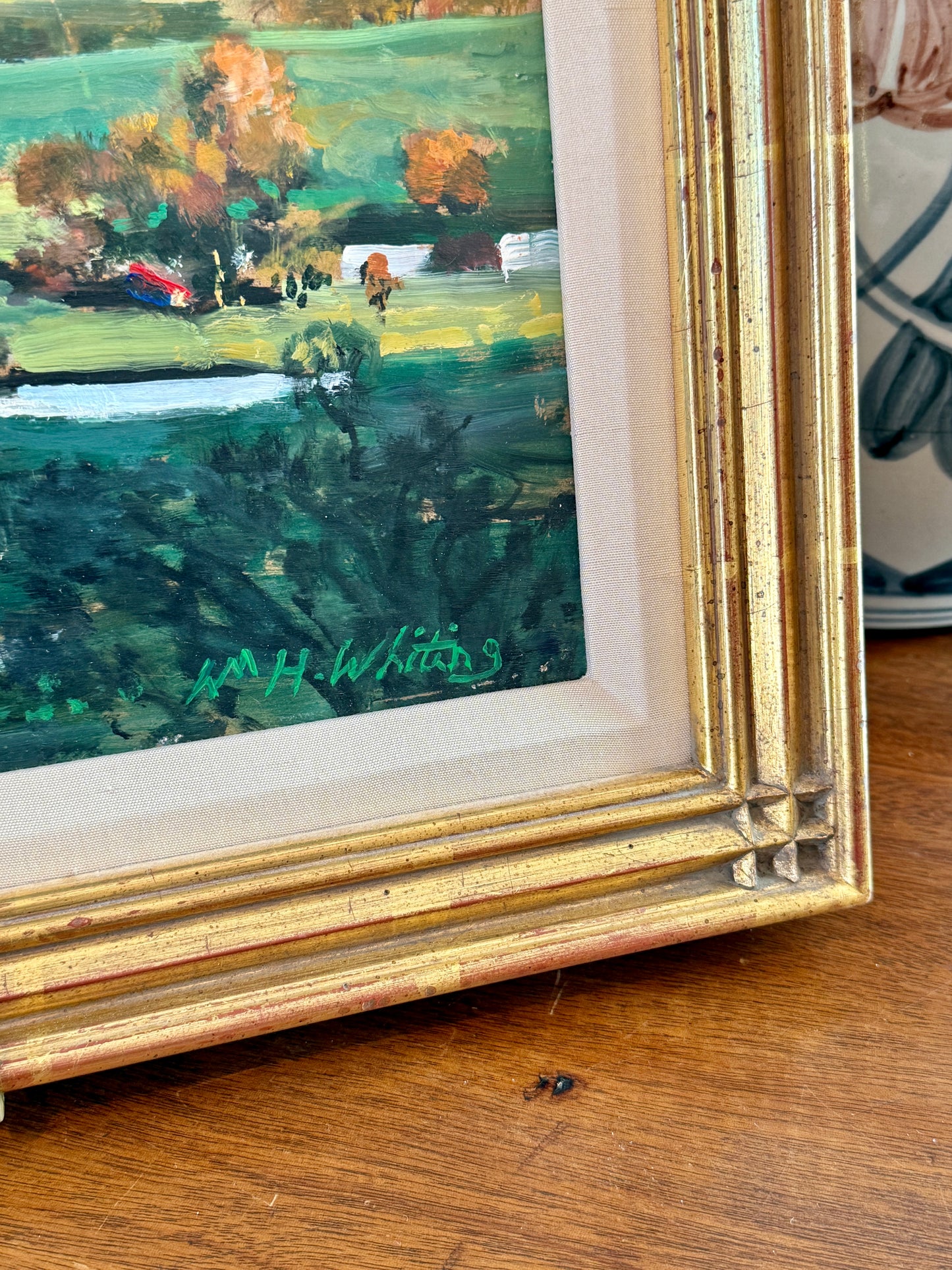William Herbert Whiting Rolling Green Impressionist Landscape Oil Painting in Gold Frame
