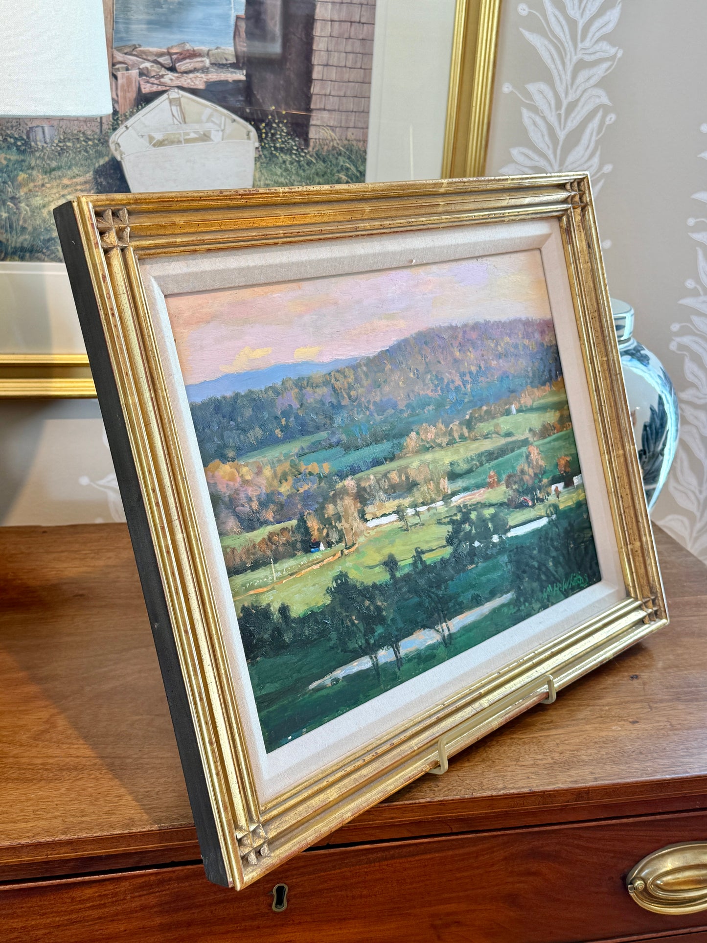 William Herbert Whiting Rolling Green Impressionist Landscape Oil Painting in Gold Frame