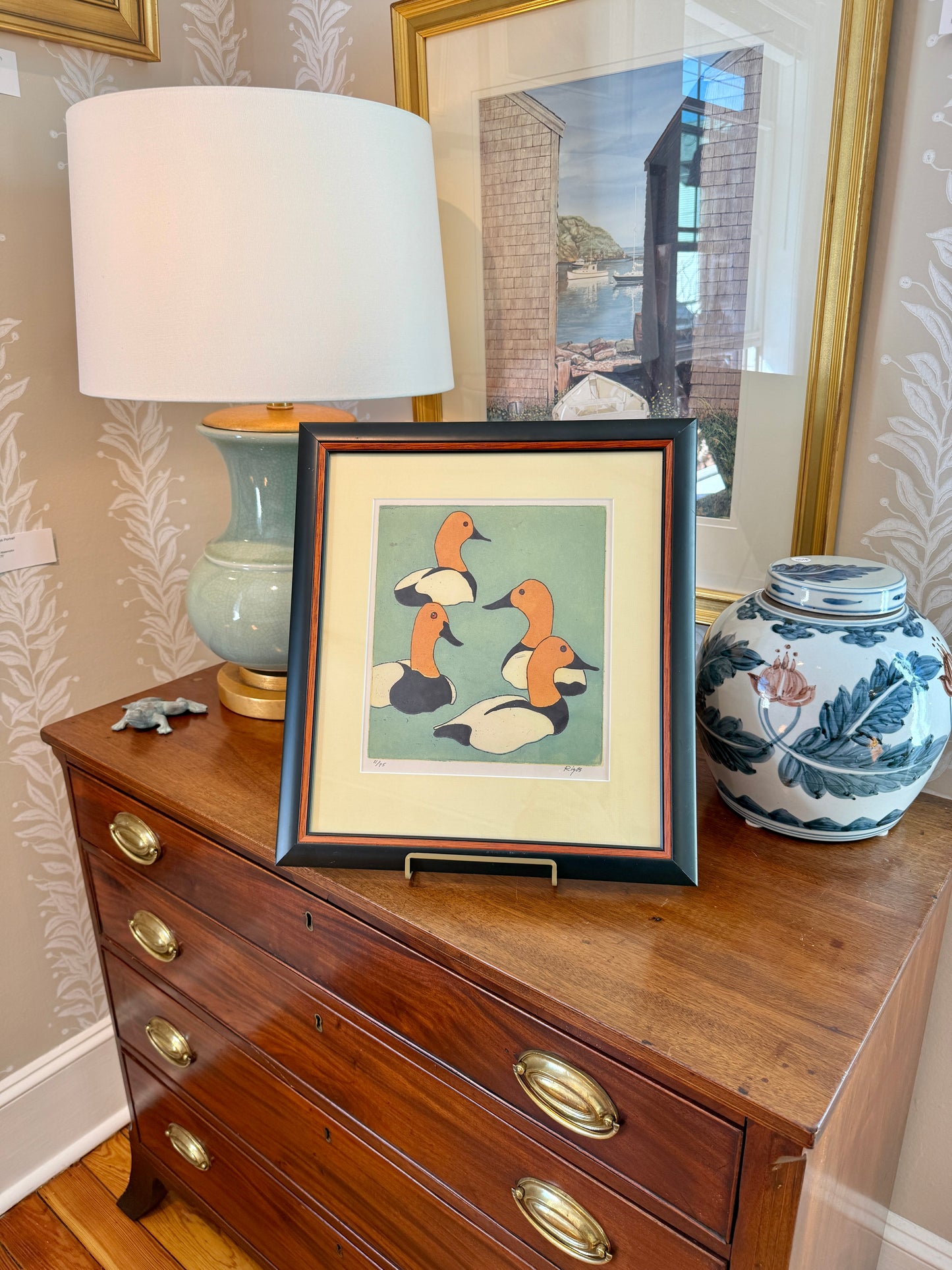 Neil Rizos Canvasback Duck Etching in Black Frame