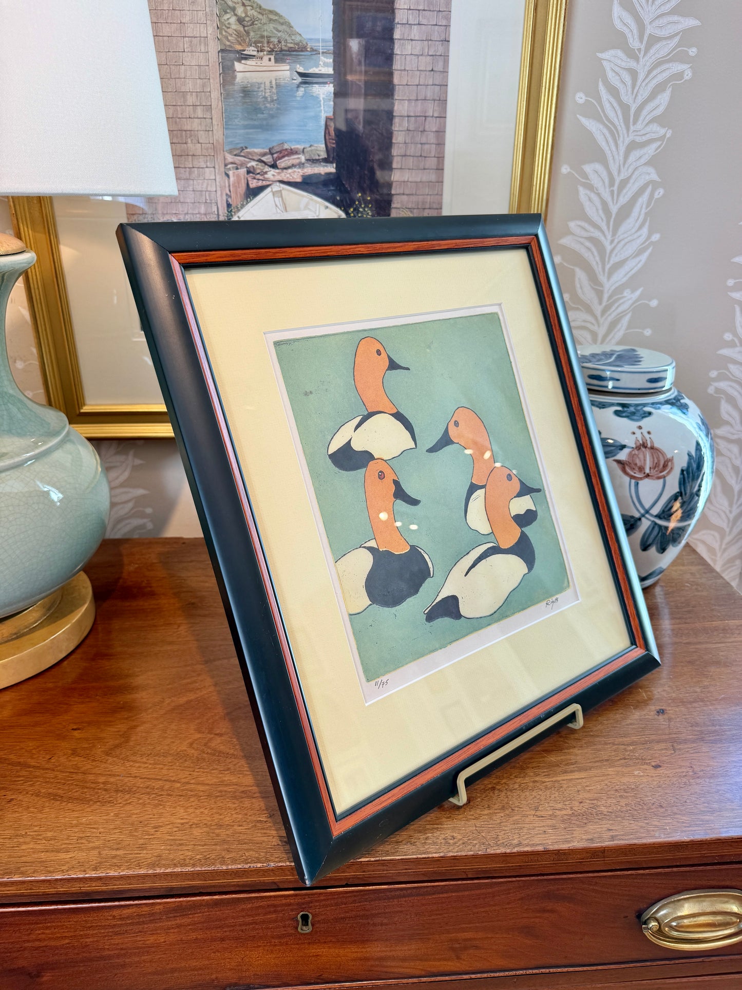 Neil Rizos Canvasback Duck Etching in Black Frame