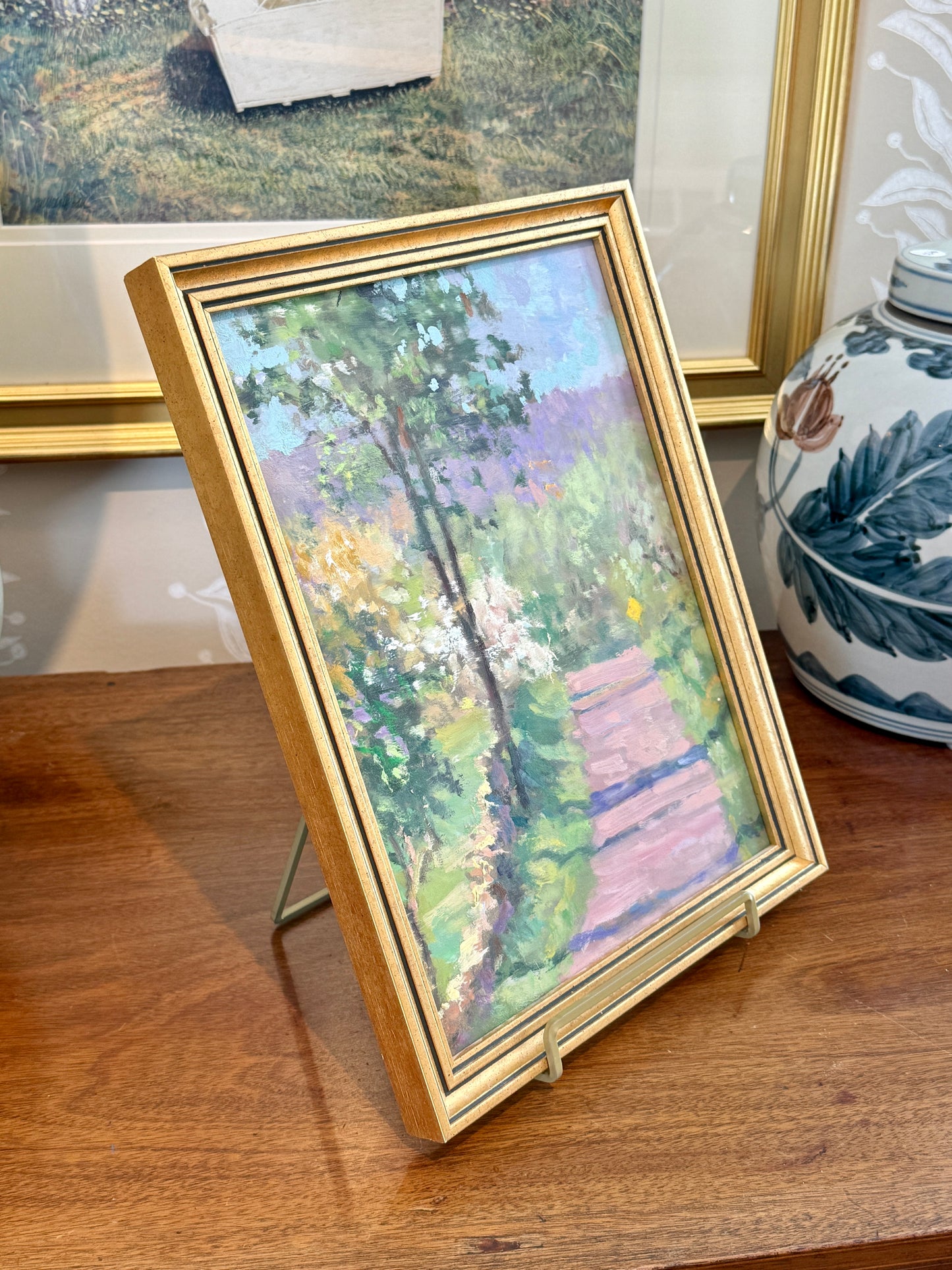 William Herbert Whiting Lavender Road Impressionist Landscape Oil Painting in Gold Frame