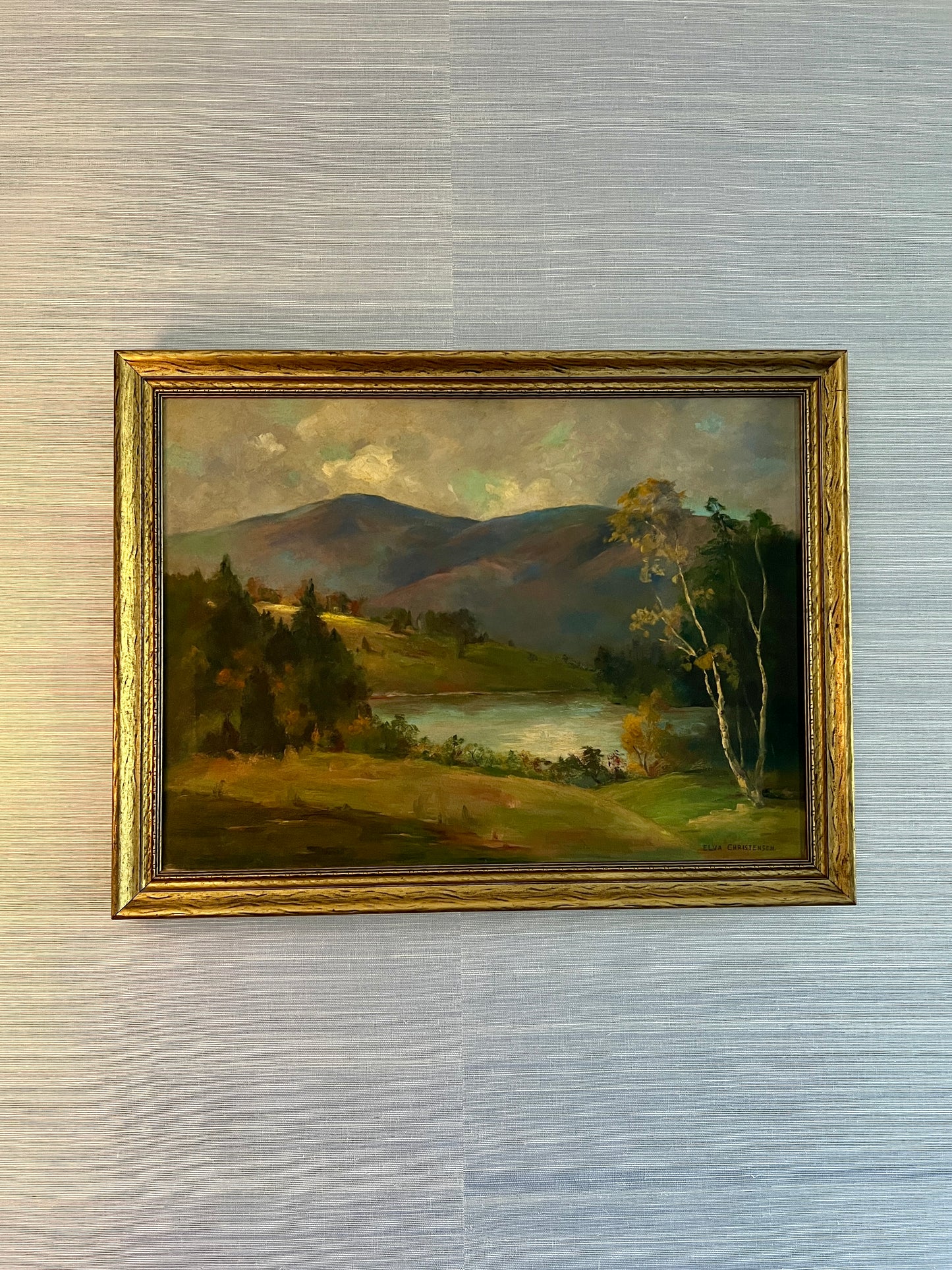 Vintage Elva Christensen Mountain Landscape Oil Painting in Gold Frame