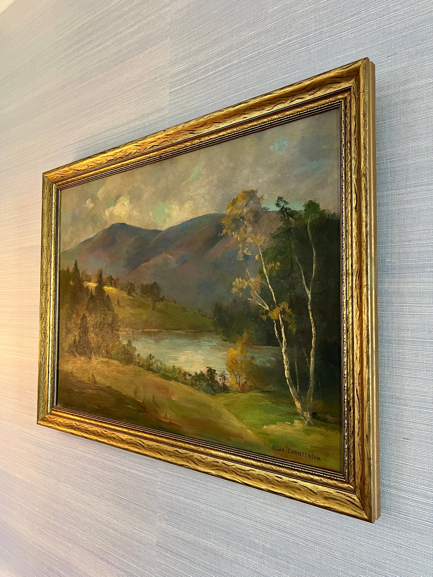 Vintage Elva Christensen Mountain Landscape Oil Painting in Gold Frame