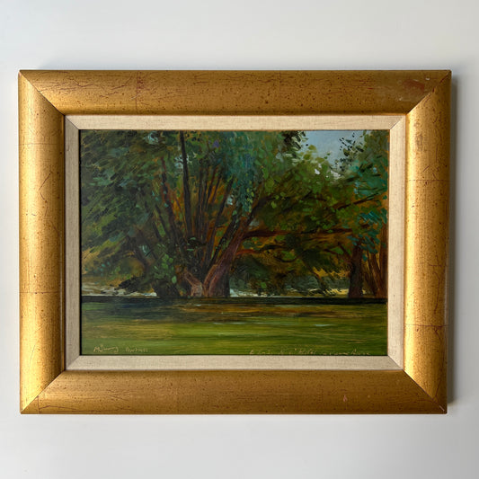 Vintage French Impressionistic Tree Landscape Oil Painting in Gold Frame