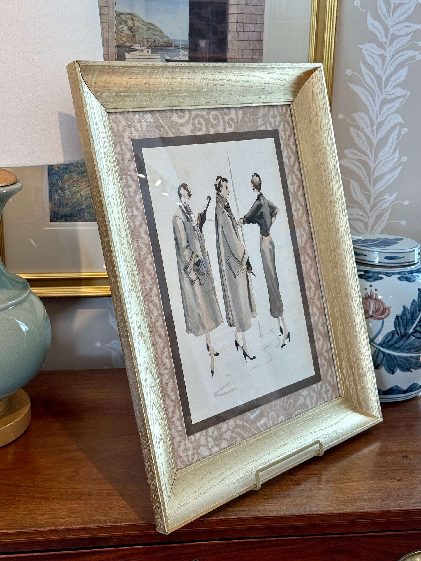 Catherine Figart Vogue Watercolor Fashion Illustration on Cowtan and Tout in Gold Frame
