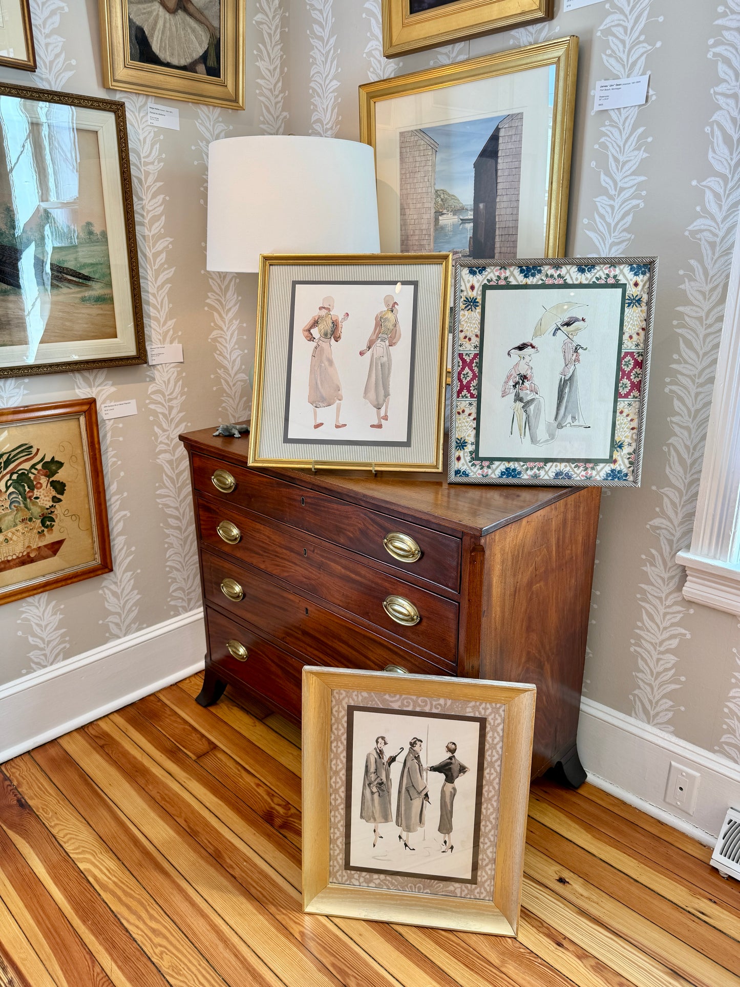 Catherine Figart Vogue Watercolor Fashion Illustration on Duralee Tilton Fenwick Fabric in Dark Gold Frame