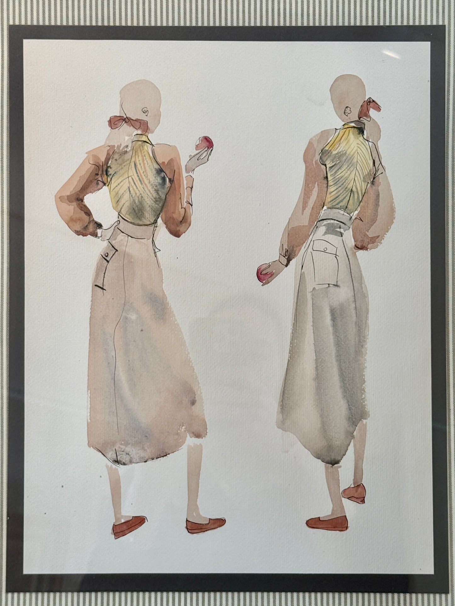 Catherine Figart Vogue Watercolor Fashion Illustration on Taupe Ticking Stripes in Gold Frame
