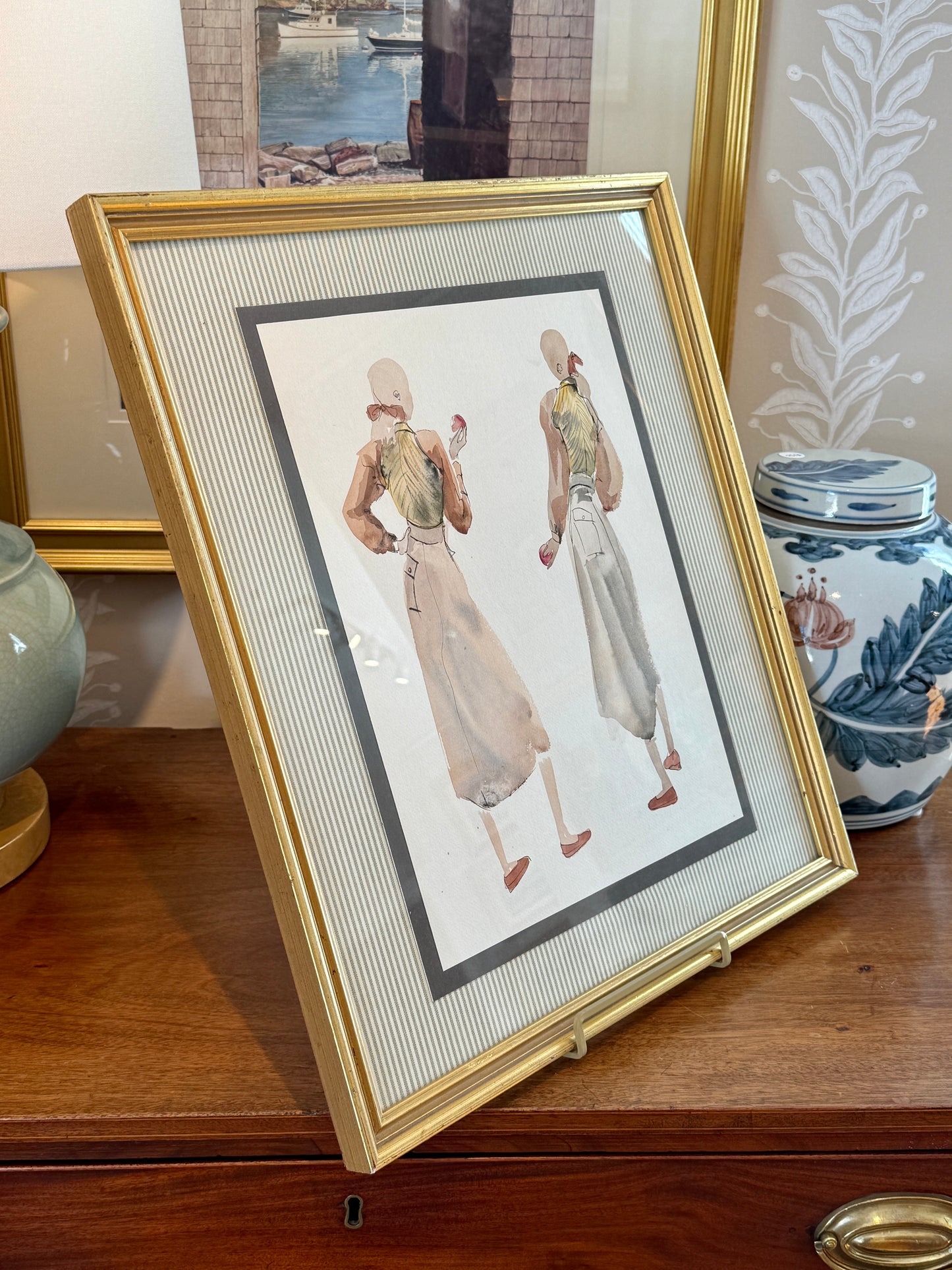 Catherine Figart Vogue Watercolor Fashion Illustration on Taupe Ticking Stripes in Gold Frame