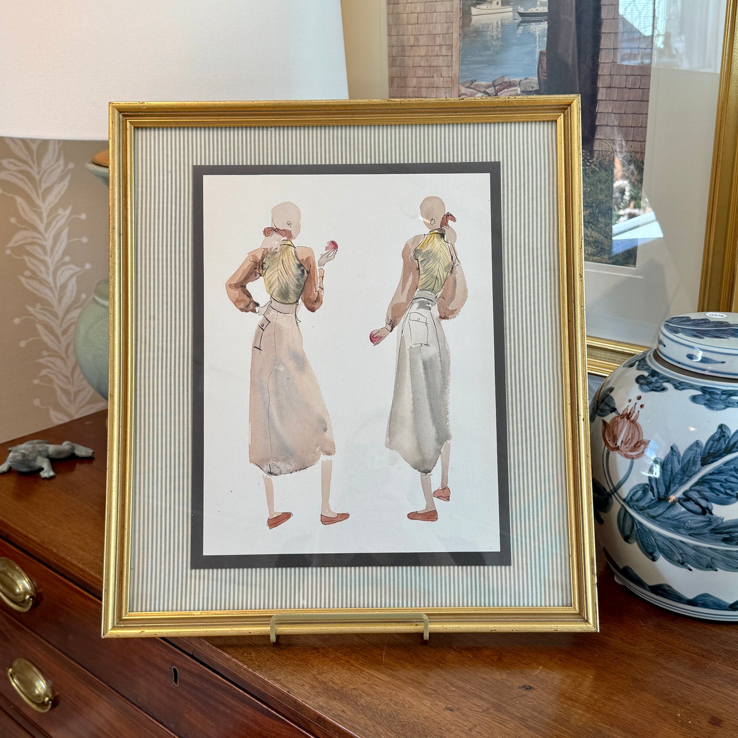 Catherine Figart Vogue Watercolor Fashion Illustration on Taupe Ticking Stripes in Gold Frame