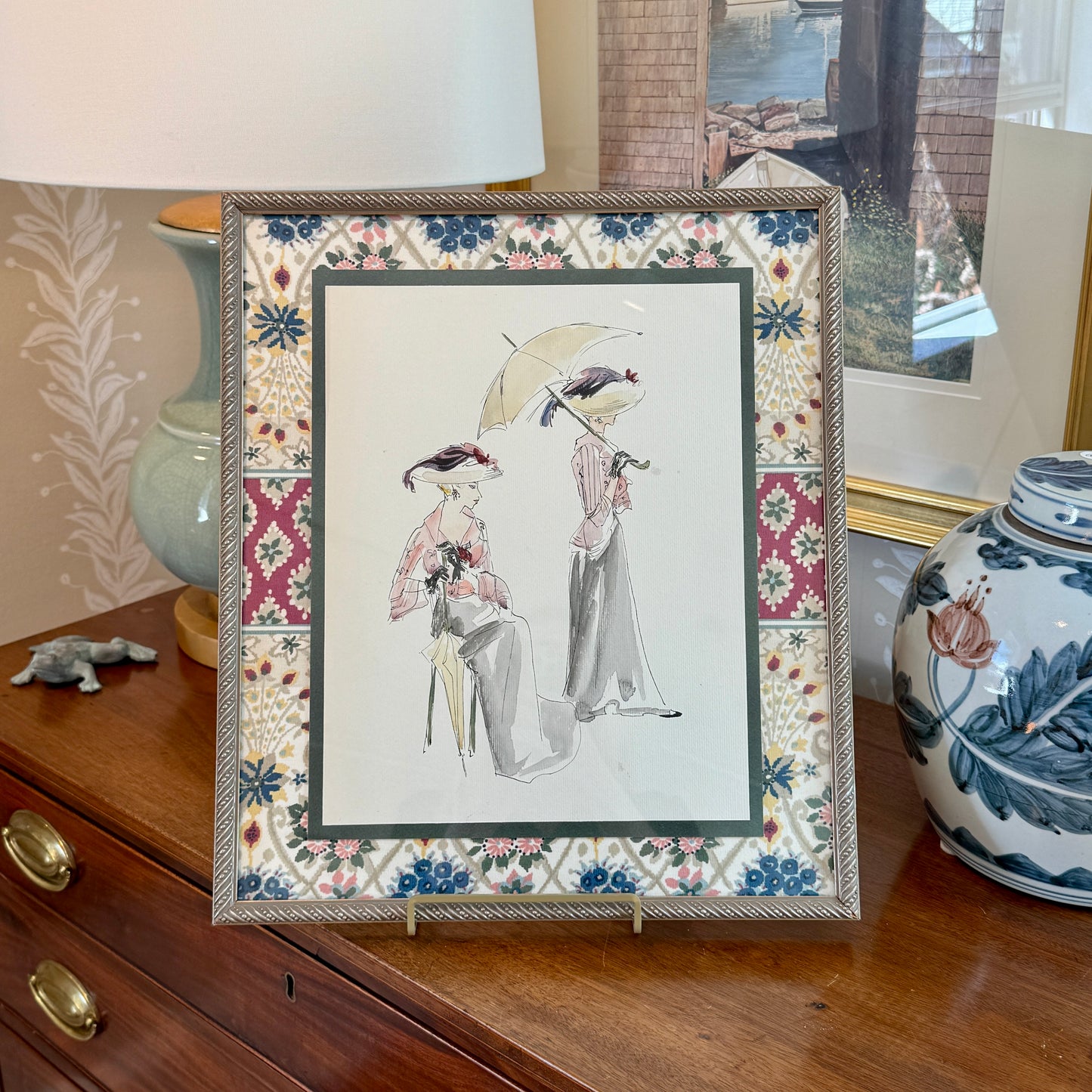 Catherine Figart Vogue Watercolor Fashion Illustration on Duralee Tilton Fenwick Fabric in Dark Gold Frame