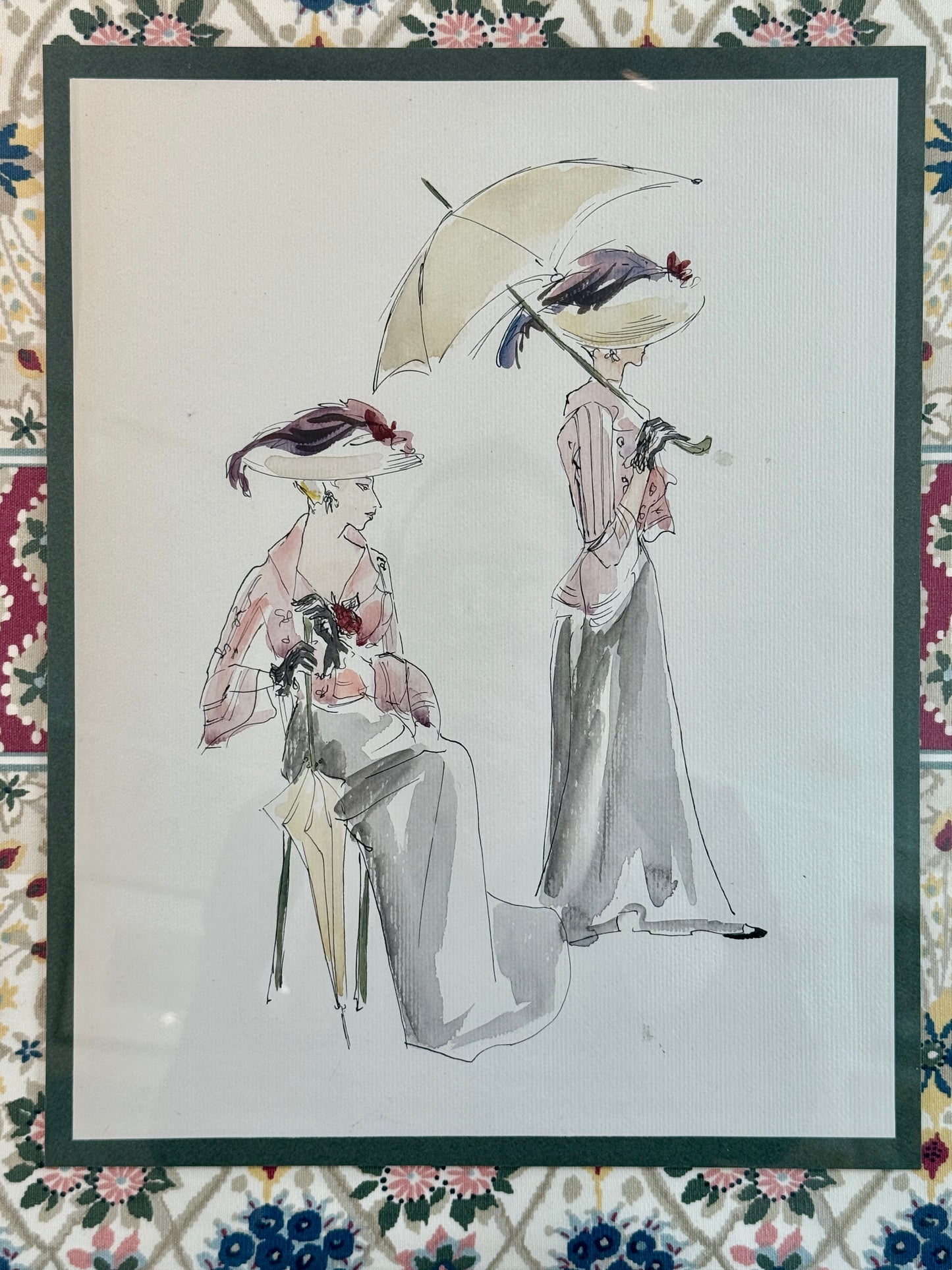 Catherine Figart Vogue Watercolor Fashion Illustration on Duralee Tilton Fenwick Fabric in Dark Gold Frame
