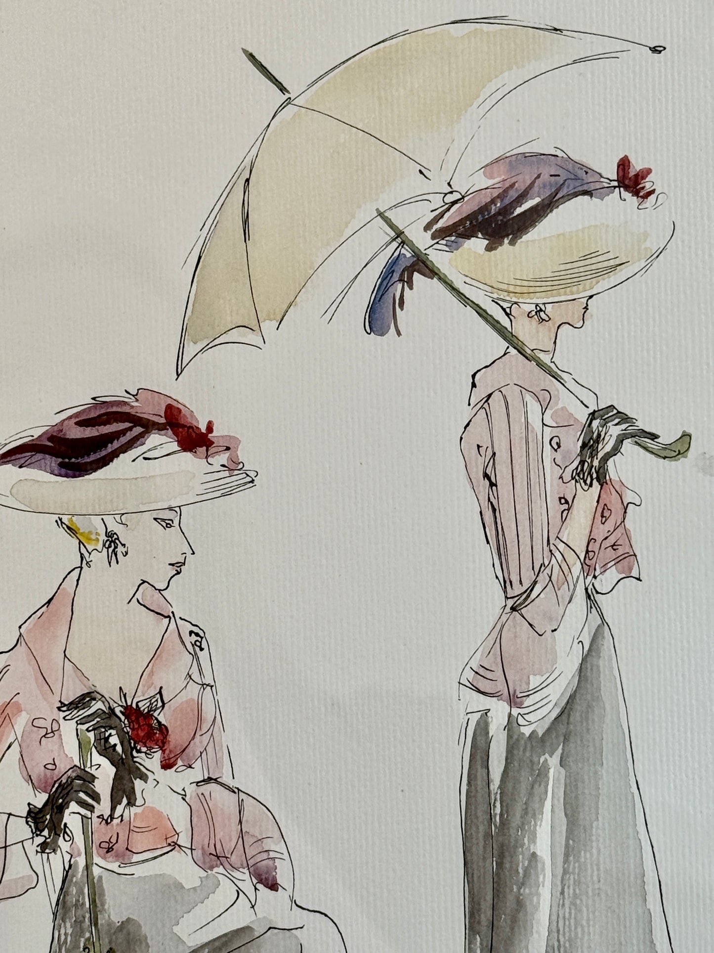 Catherine Figart Vogue Watercolor Fashion Illustration on Duralee Tilton Fenwick Fabric in Dark Gold Frame