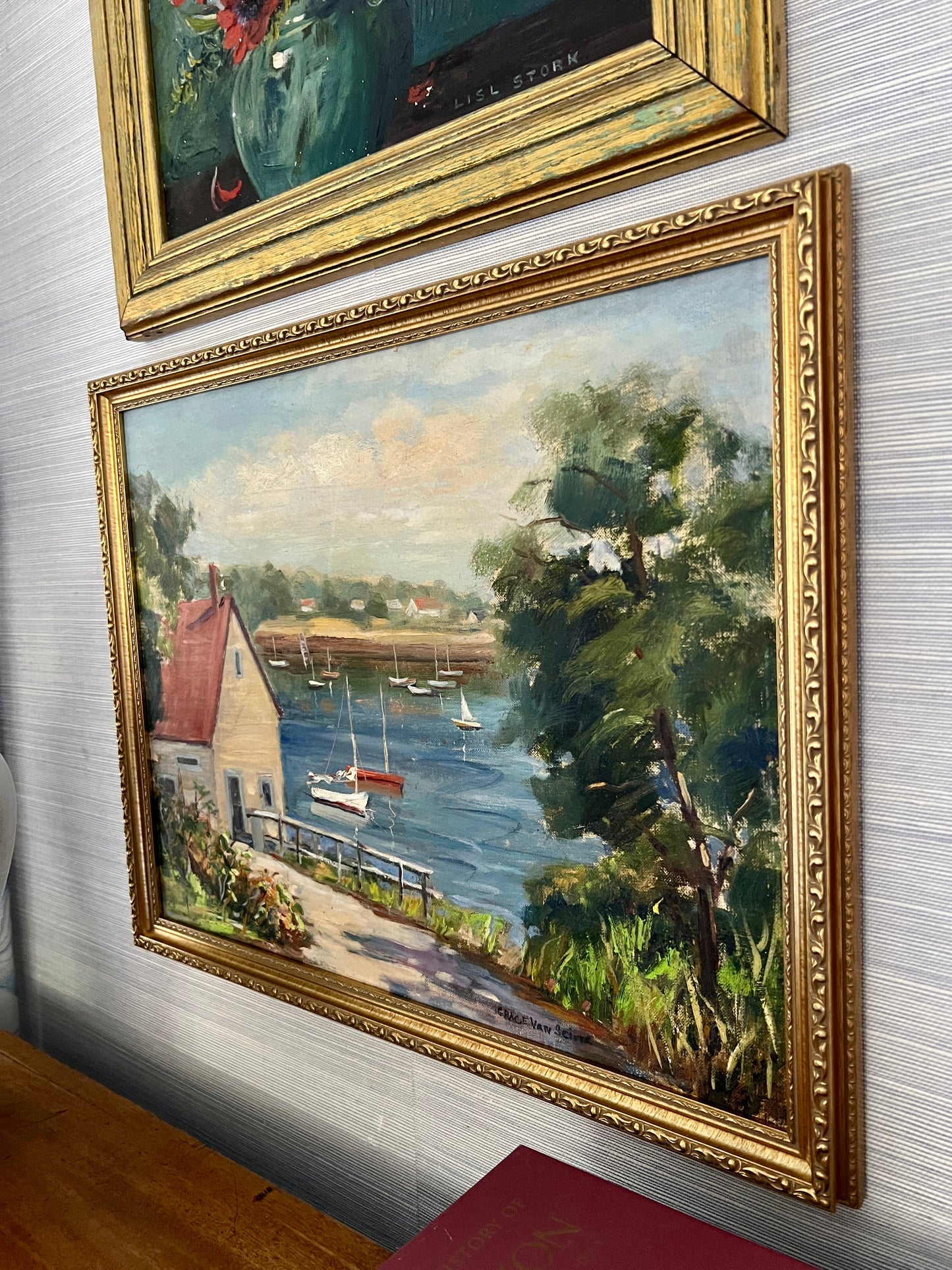 Grace van Sciver American Waterfront Landscape with Sailboats in Gold Frame