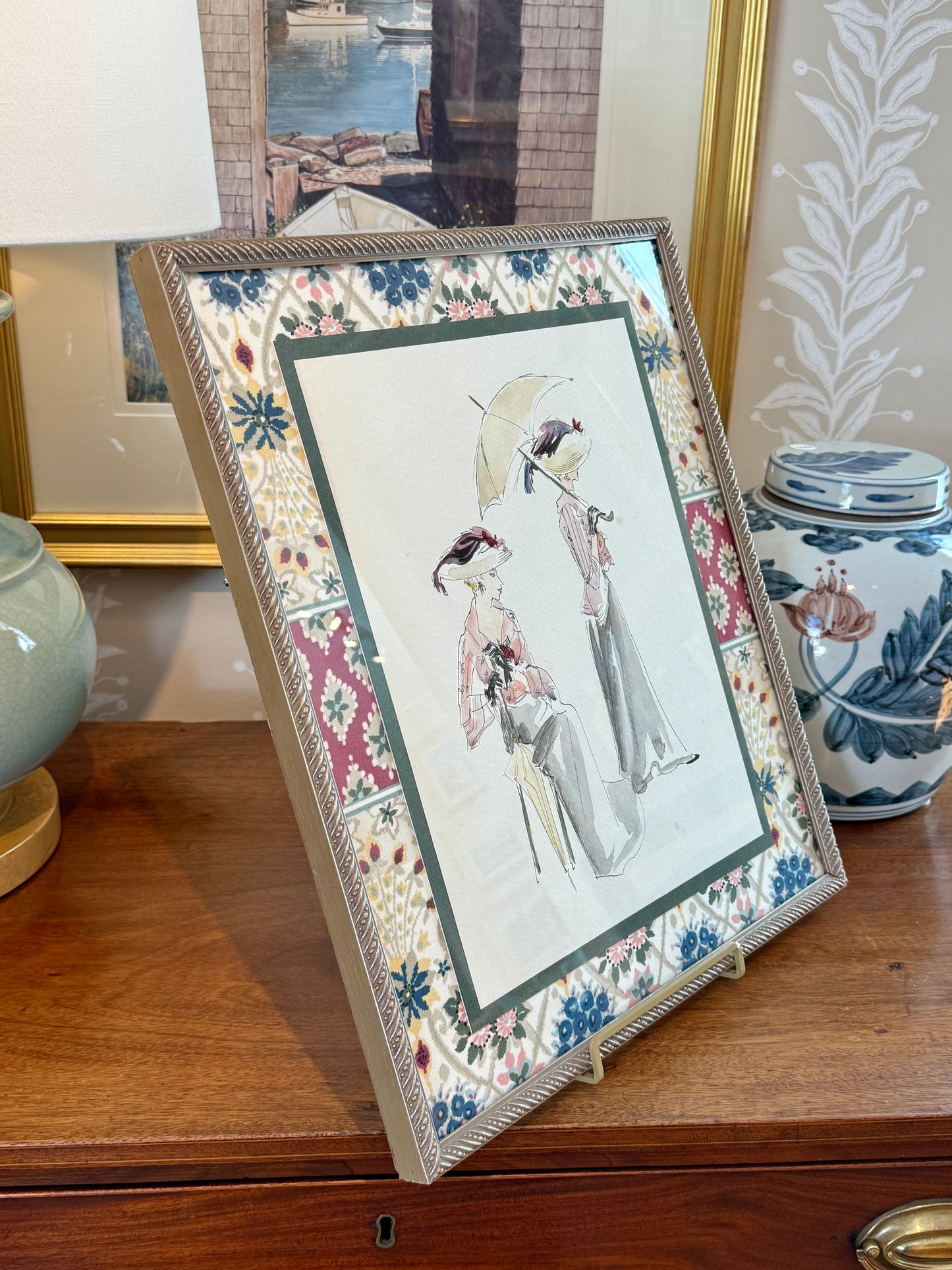 Catherine Figart Vogue Watercolor Fashion Illustration on Duralee Tilton Fenwick Fabric in Dark Gold Frame