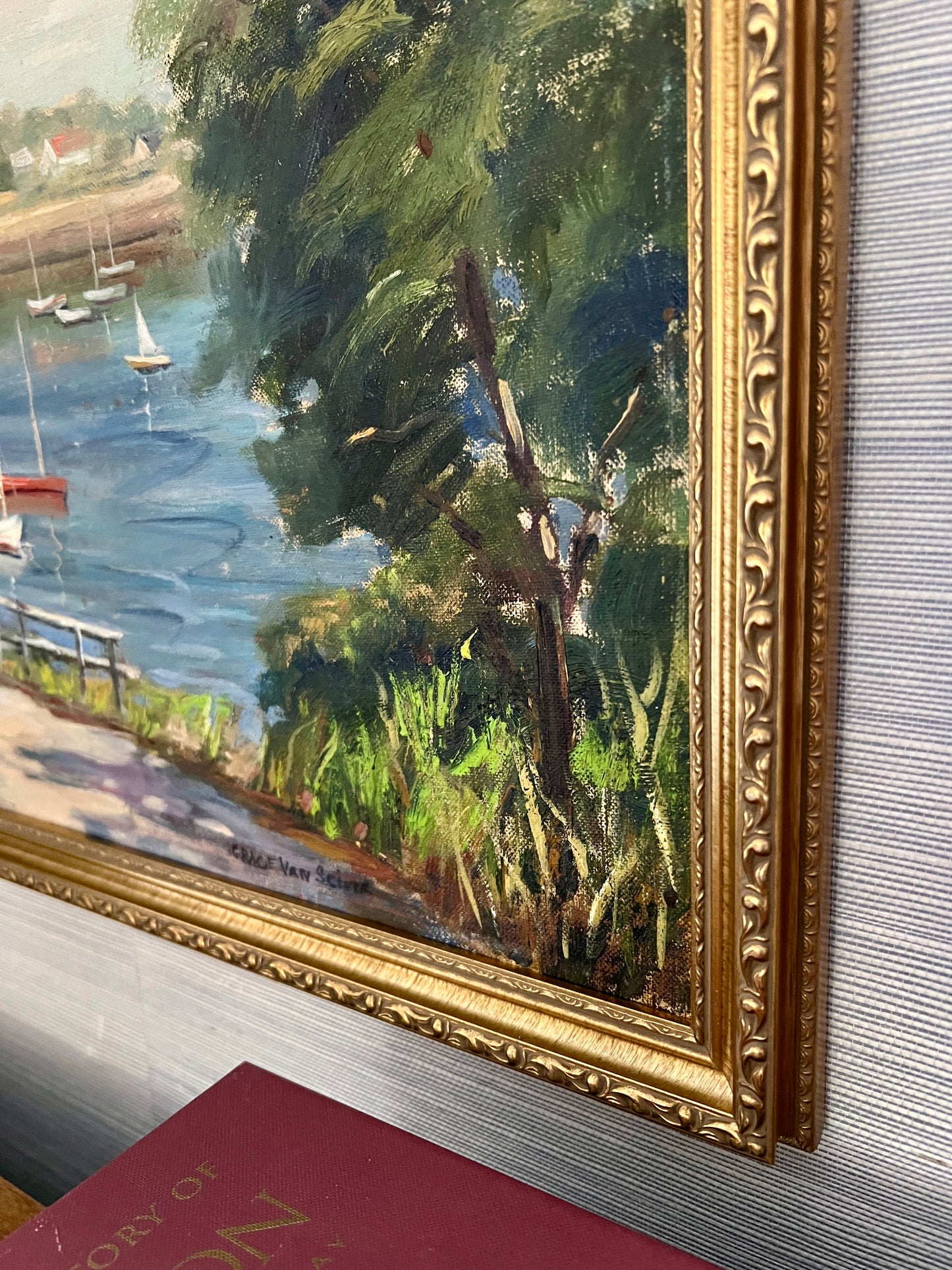 Grace van Sciver American Waterfront Landscape with Sailboats in Gold Frame