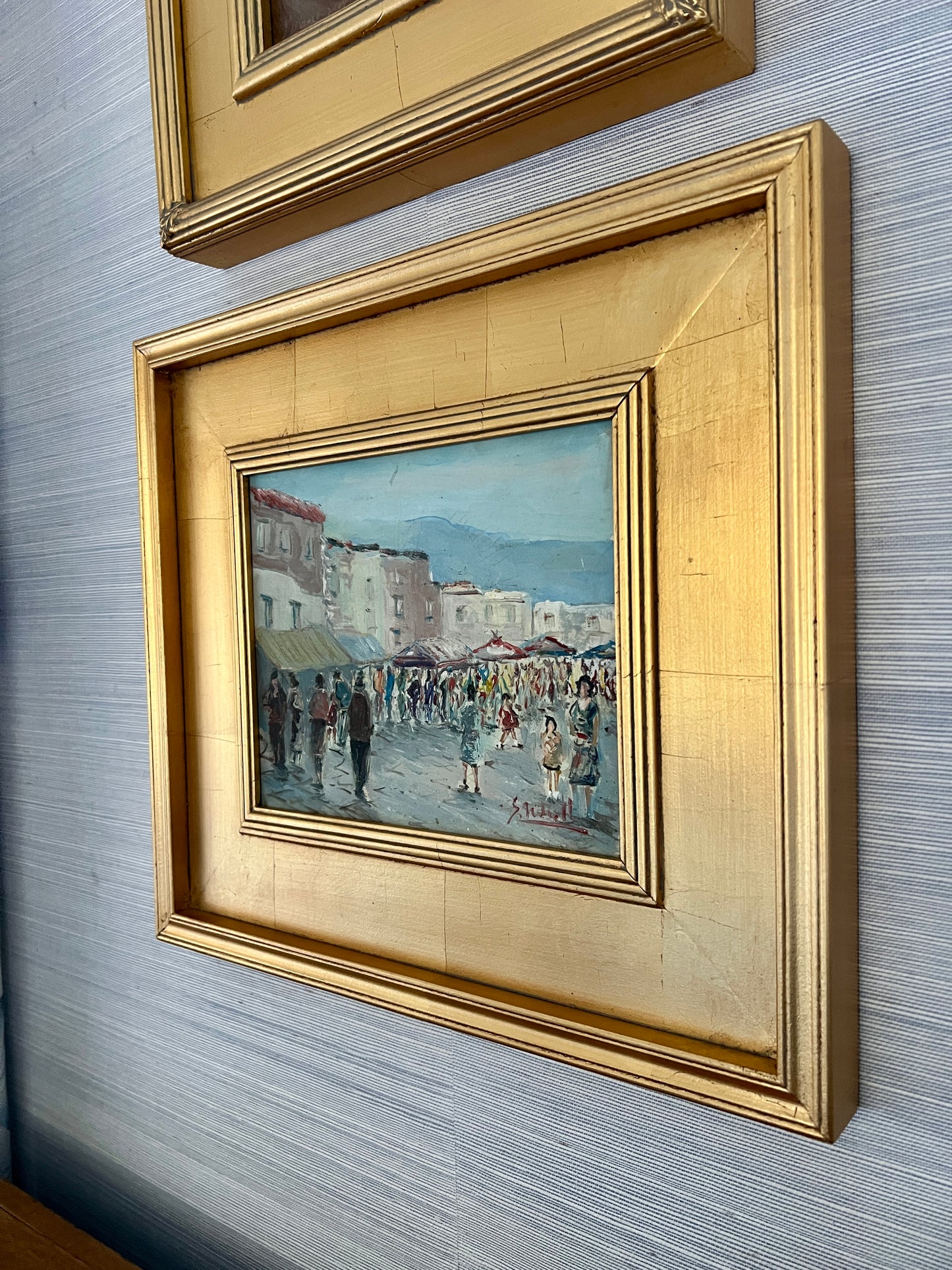 Vintage Impressionist Colorful European Street Market Scene Oil Painting in Gold Frame