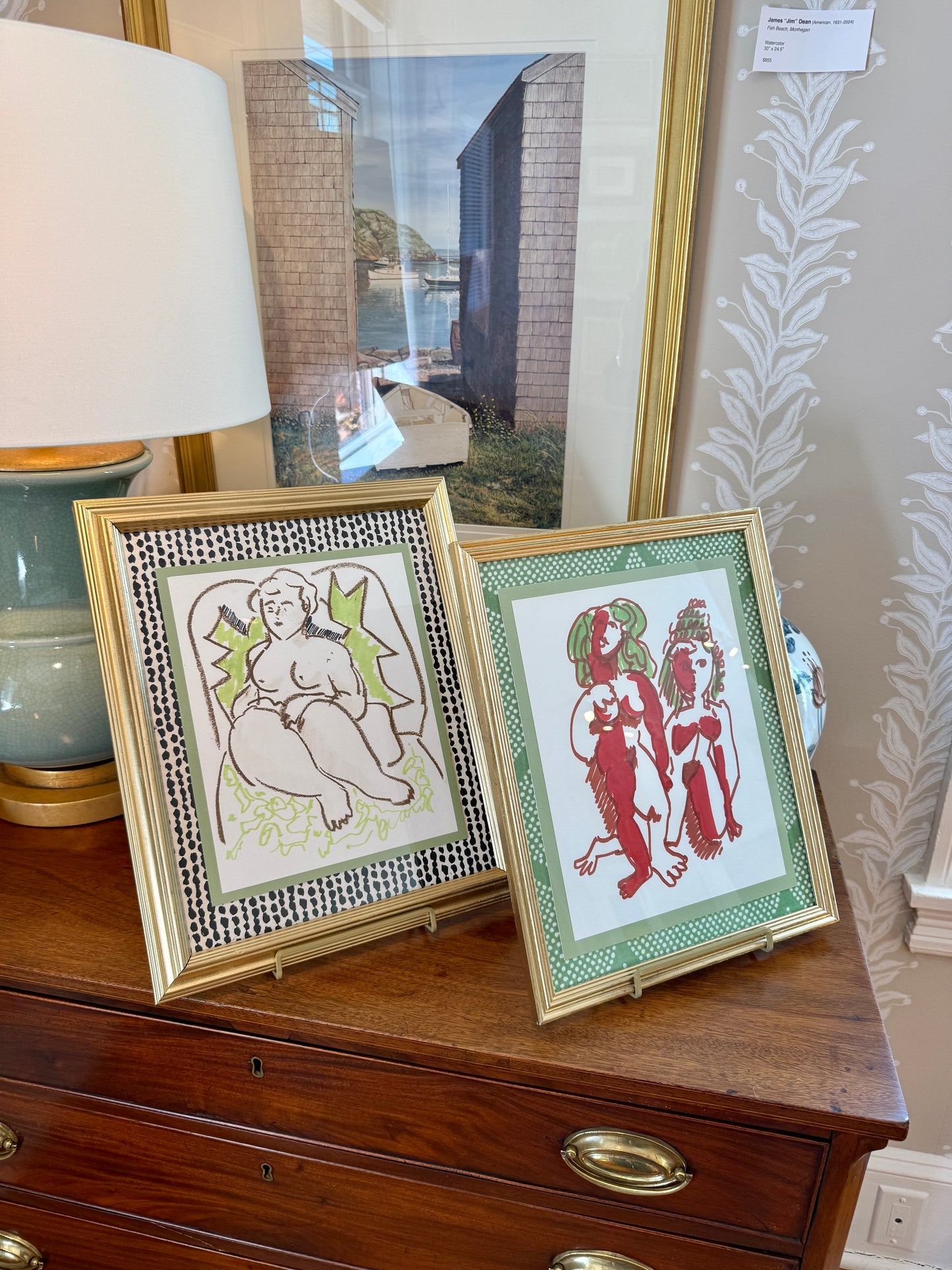 In the Manner of Pablo Picasso Mixed Media Ladies Portrait in Gold Frame